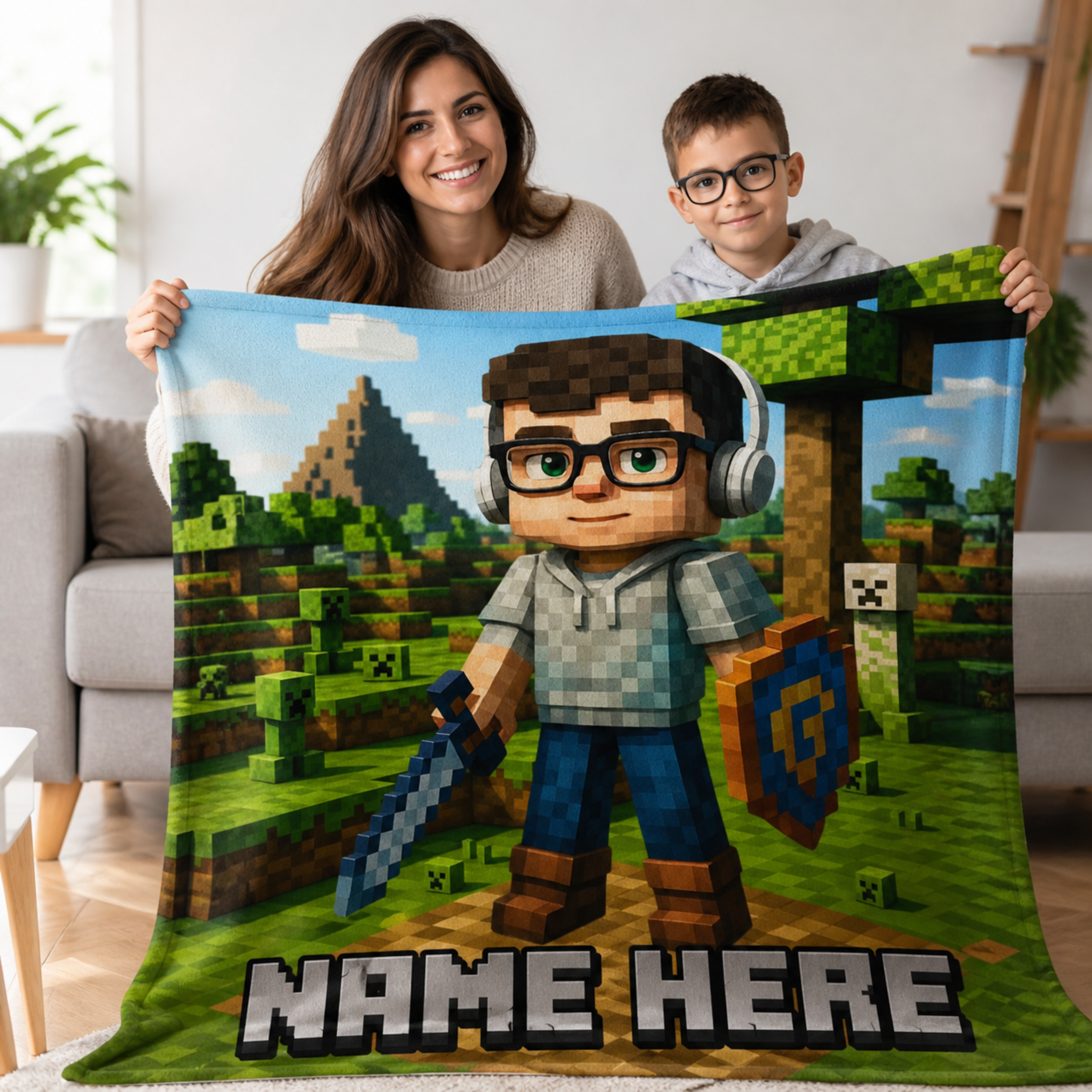 Turn Your Child Into a Minecraft-Style Hero Blanket – Personalized Kids Gift with Photo & Name