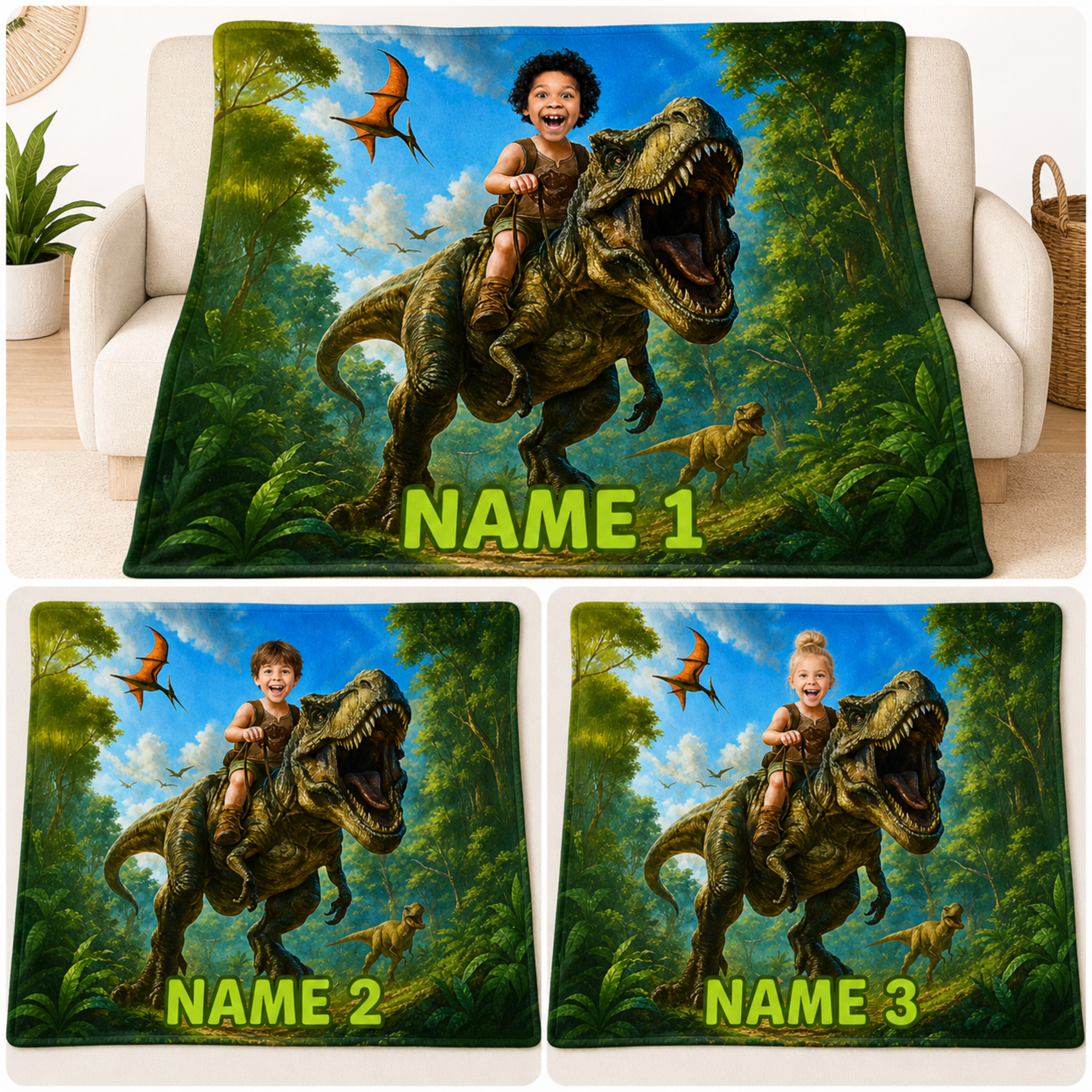Personalized Dinosaur Blanket – Turn Your Child Into a T-Rex Rider (Custom Photo Gift)