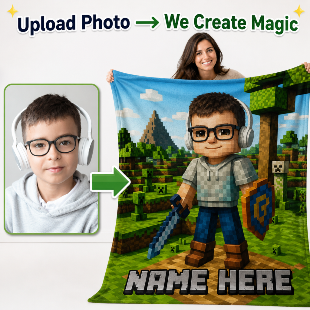 Turn Your Child Into a Minecraft-Style Hero Blanket – Personalized Kids Gift with Photo & Name