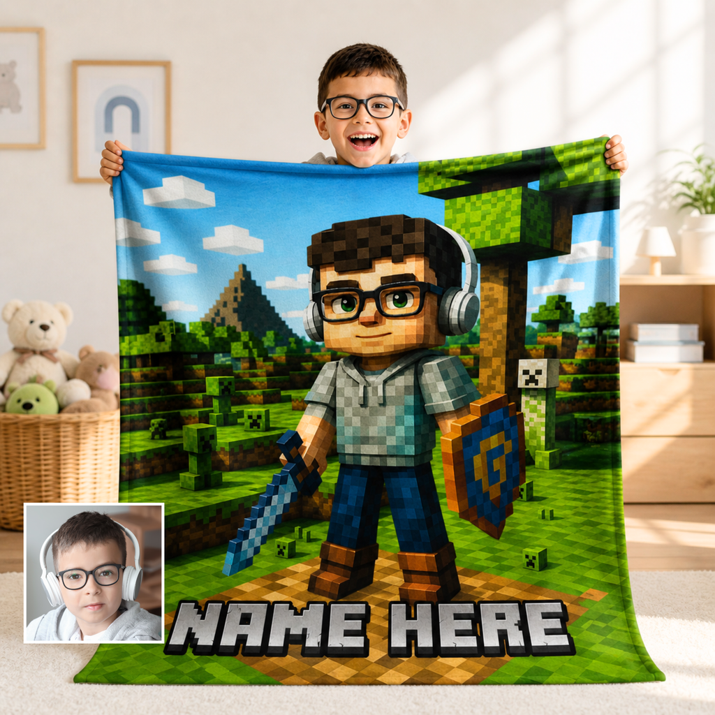 Turn Your Child Into a Minecraft-Style Hero Blanket – Personalized Kids Gift with Photo & Name