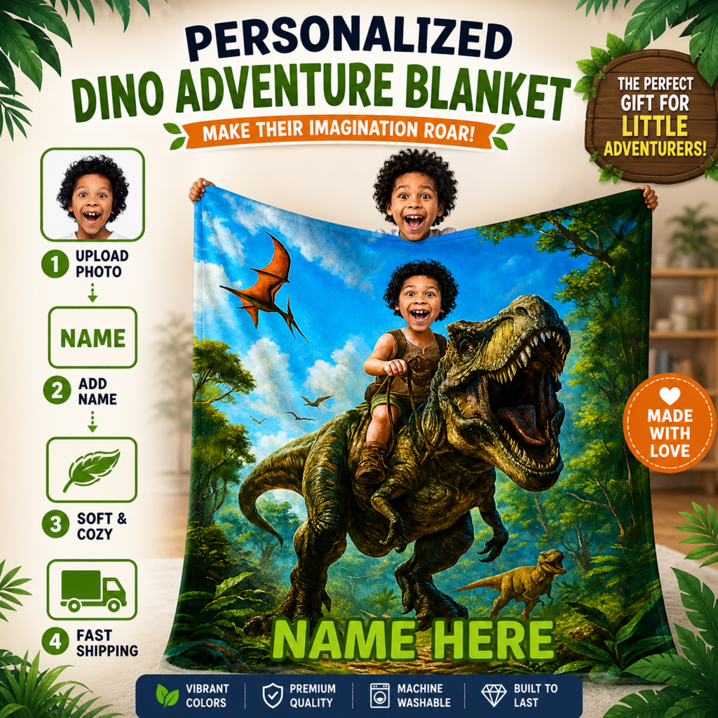Personalized Dinosaur Blanket – Turn Your Child Into a T-Rex Rider (Custom Photo Gift)