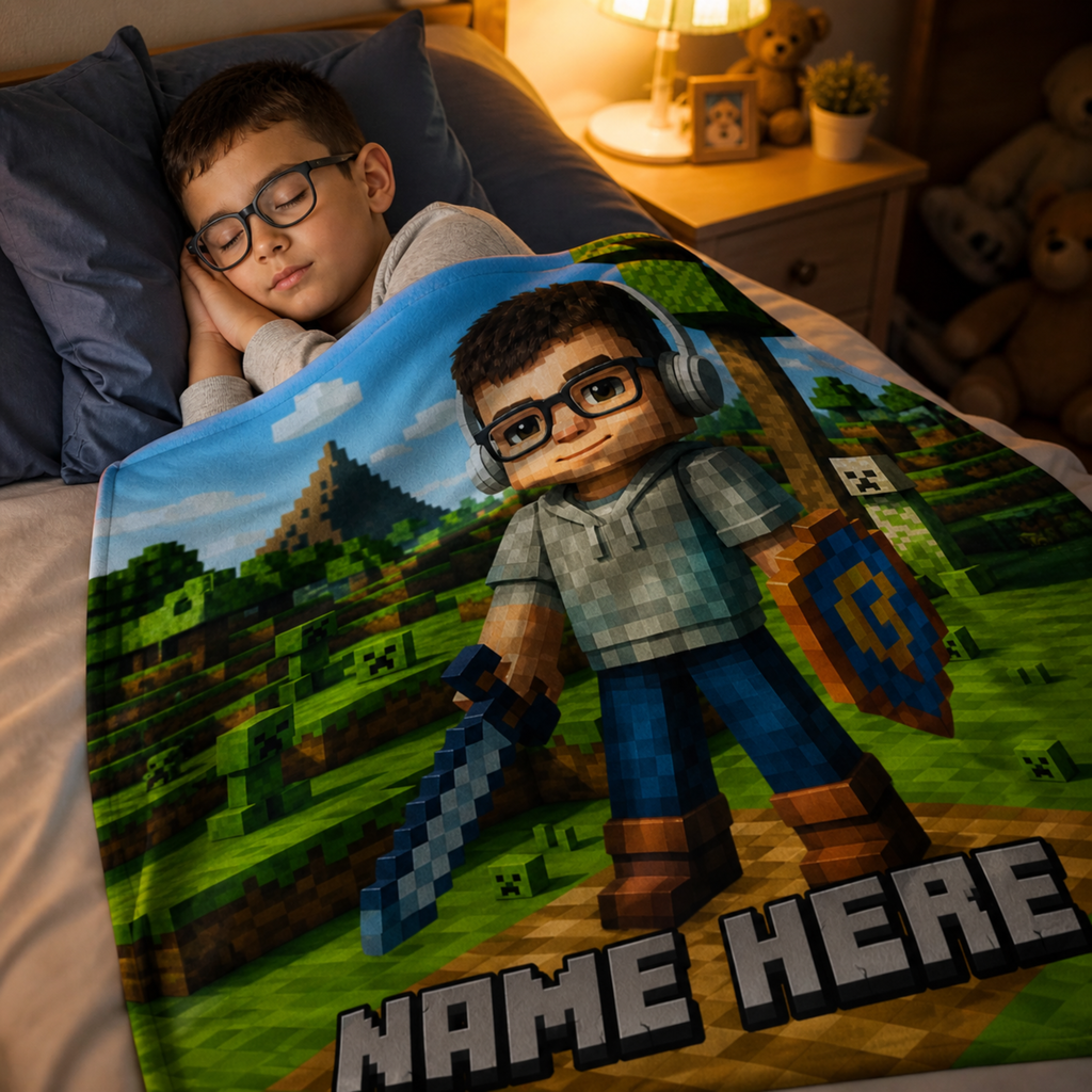 Turn Your Child Into a Minecraft-Style Hero Blanket – Personalized Kids Gift with Photo & Name