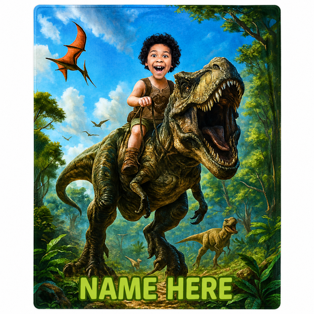 Personalized Dinosaur Blanket – Turn Your Child Into a T-Rex Rider (Custom Photo Gift)