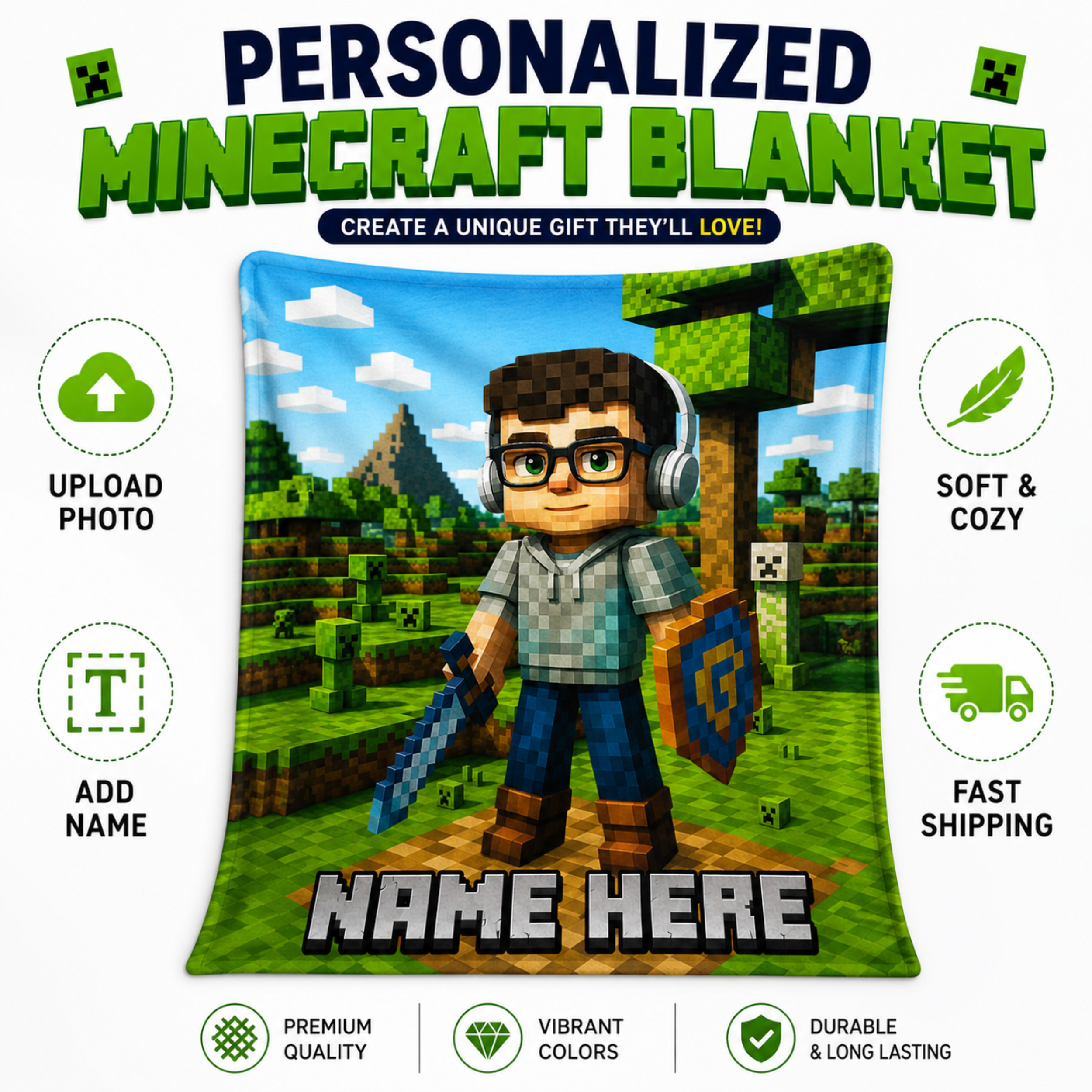 Turn Your Child Into a Minecraft-Style Hero Blanket – Personalized Kids Gift with Photo & Name