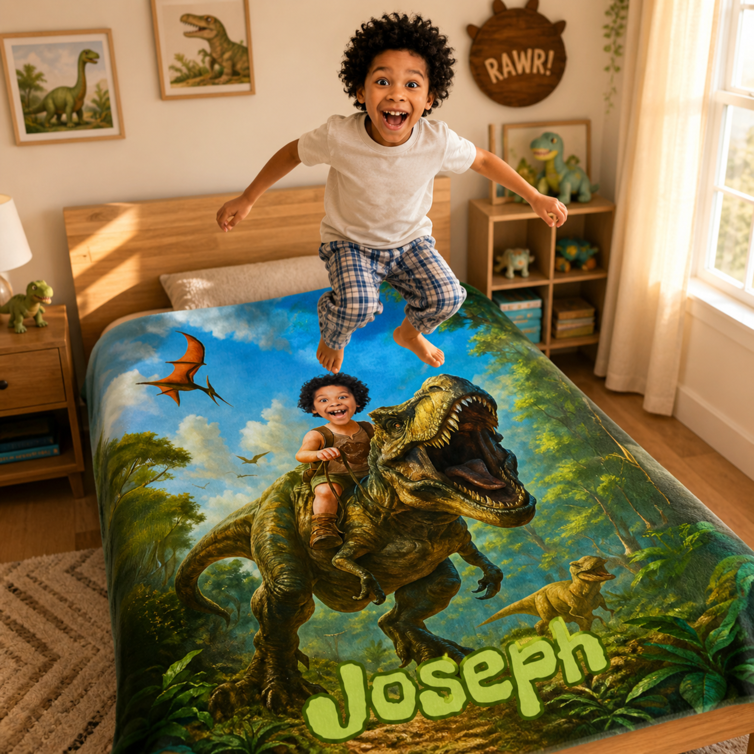 Personalized Dinosaur Blanket – Turn Your Child Into a T-Rex Rider (Custom Photo Gift)