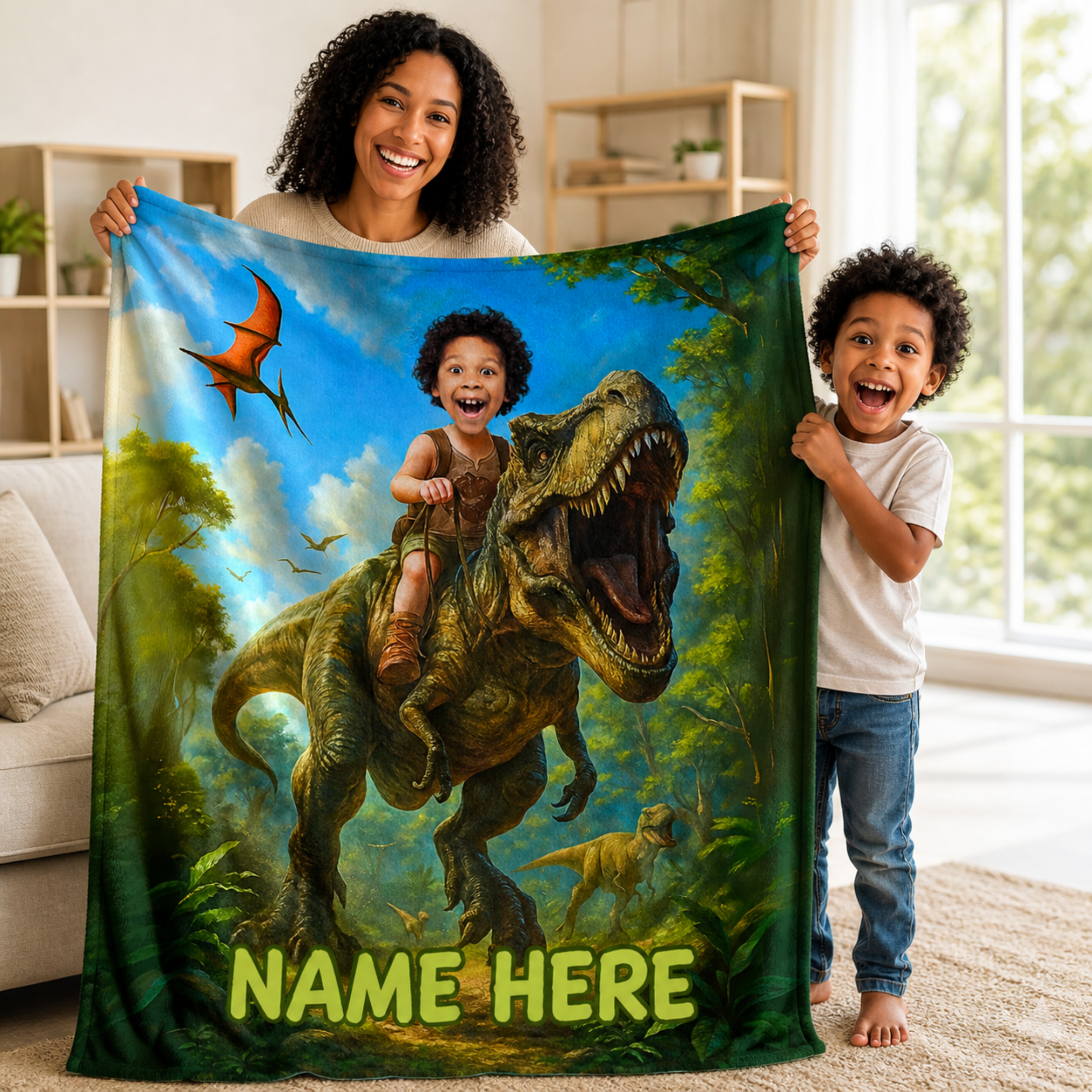 Personalized Dinosaur Blanket – Turn Your Child Into a T-Rex Rider (Custom Photo Gift)