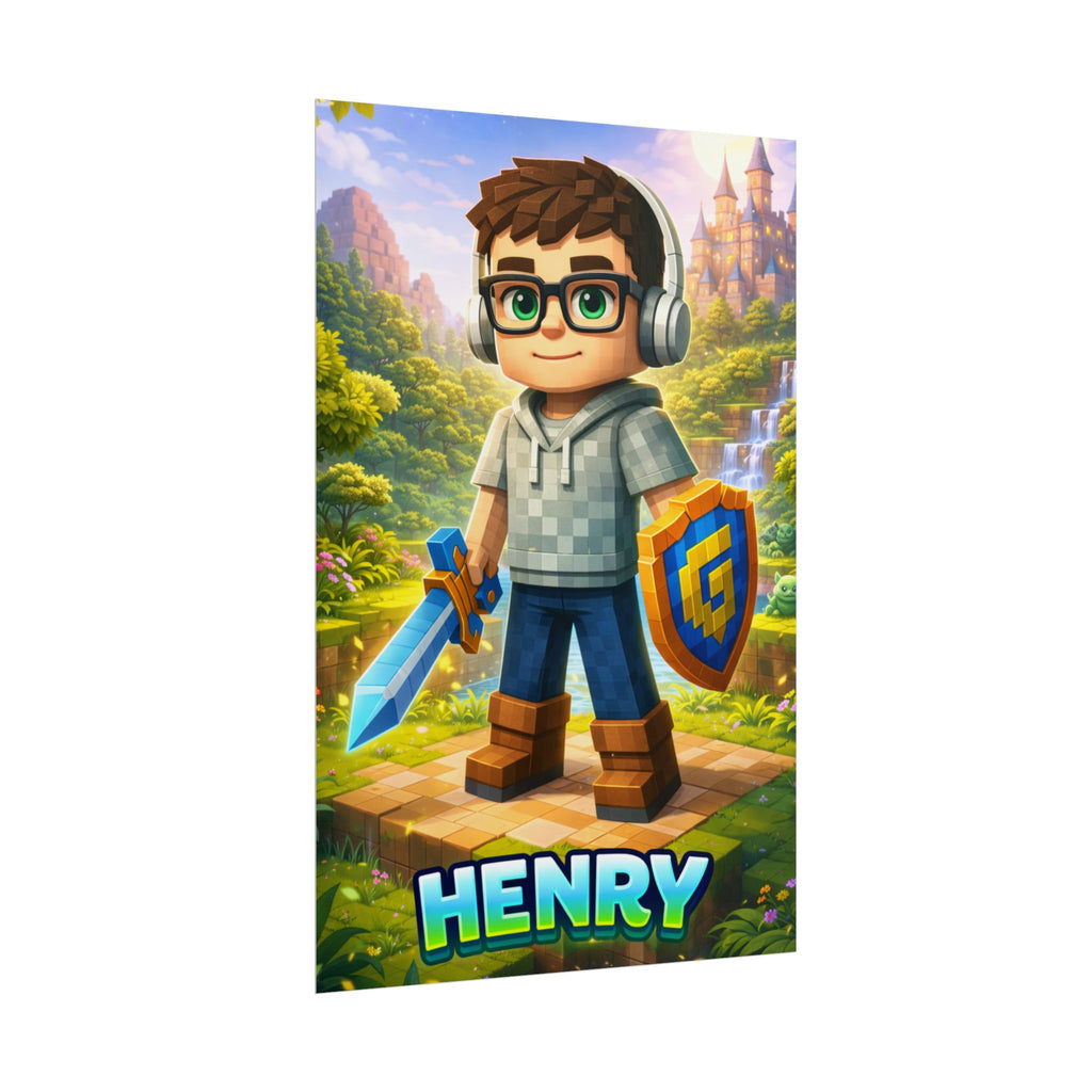 Personalized Pixel Gamer Poster, Custom Child Face Wall Art, Block Style Kids Room Decor, Birthday Gift for Gamer Boy.