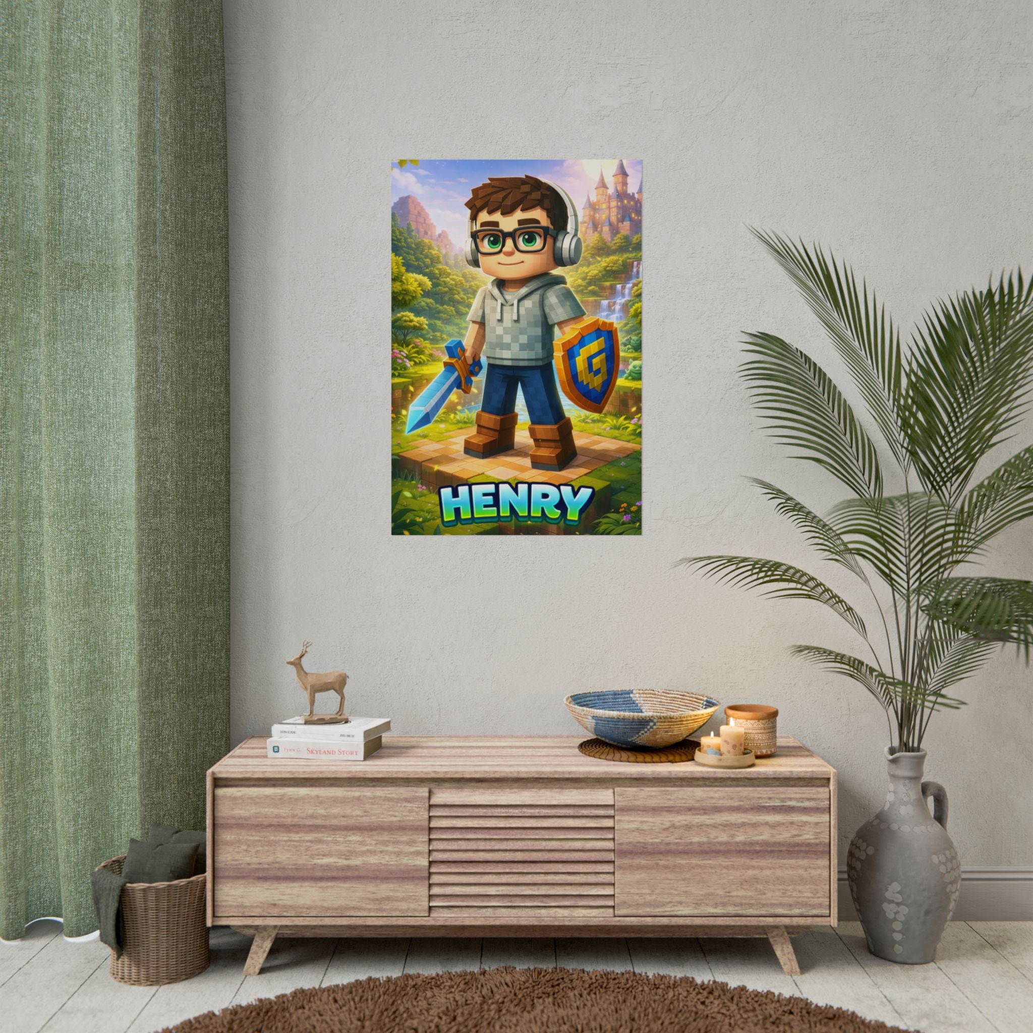 Personalized Pixel Gamer Poster, Custom Child Face Wall Art, Block Style Kids Room Decor, Birthday Gift for Gamer Boy.