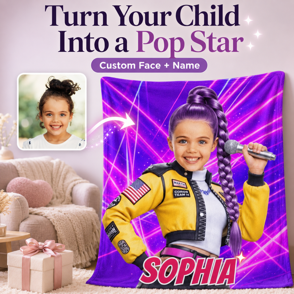 Personalized KPop Demon Hunter Star Girl Blanket with Child’s Face & Name, Anime Style Girl Gift.