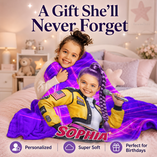 Personalized KPop Demon Hunter Star Girl Blanket with Child’s Face & Name, Anime Style Girl Gift.