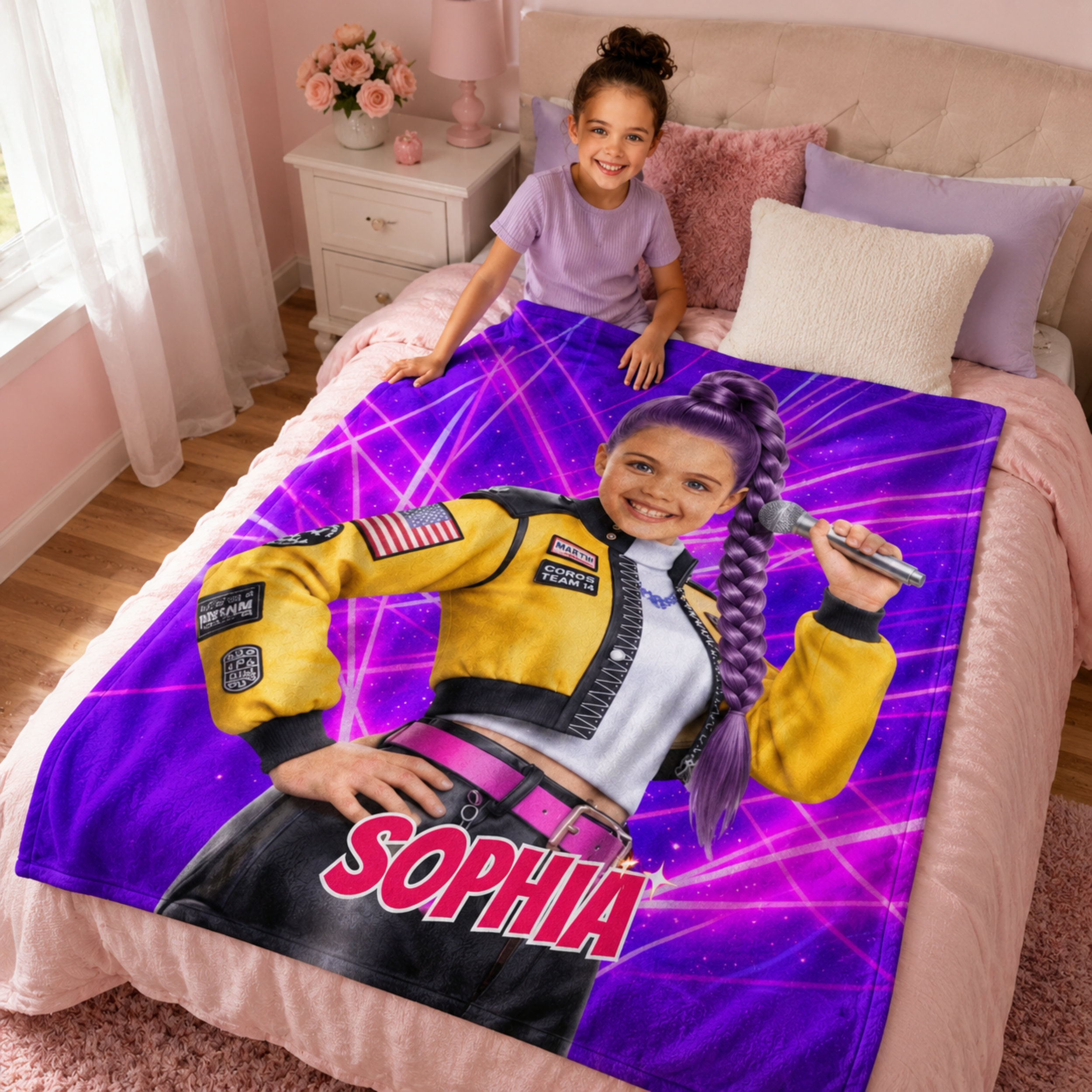 Personalized KPop Demon Hunter Star Girl Blanket with Child’s Face & Name, Anime Style Girl Gift.