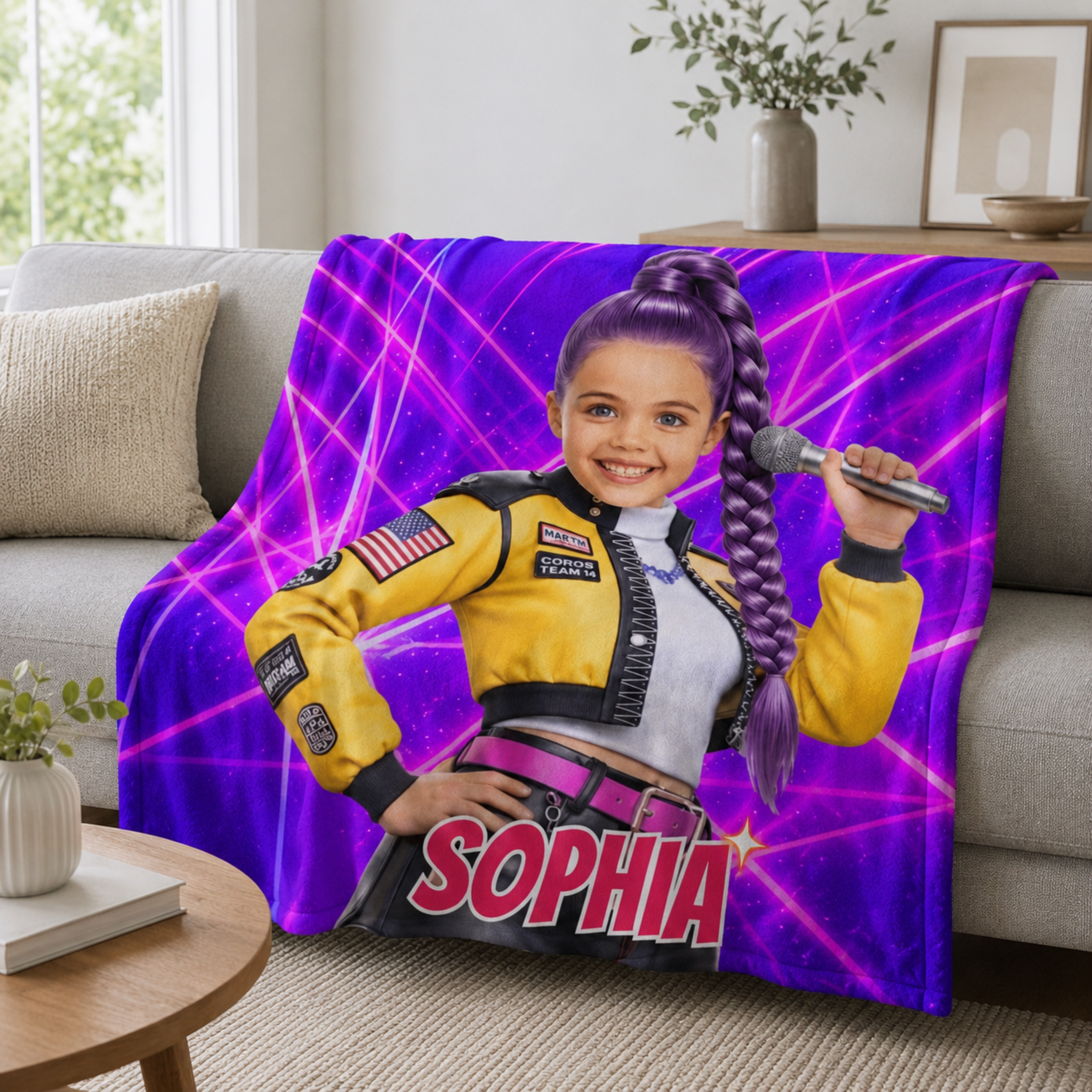 Personalized KPop Demon Hunter Star Girl Blanket with Child’s Face & Name, Anime Style Girl Gift.