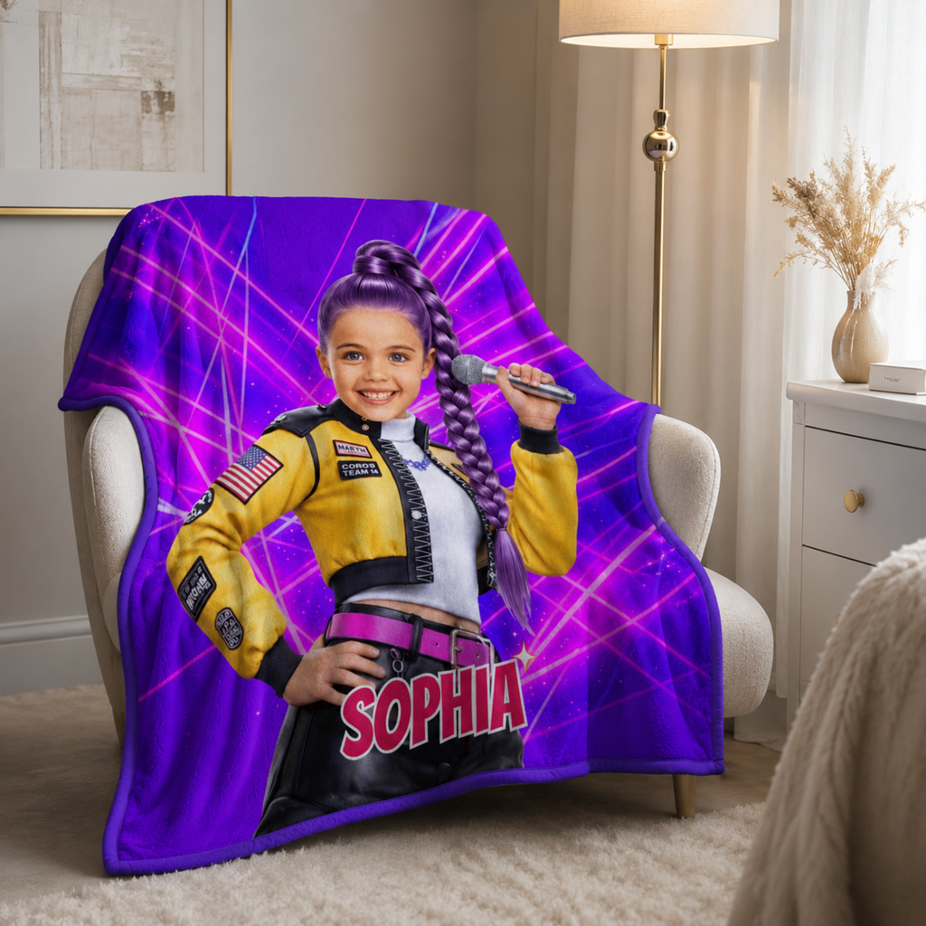 Personalized KPop Demon Hunter Star Girl Blanket with Child’s Face & Name, Anime Style Girl Gift.