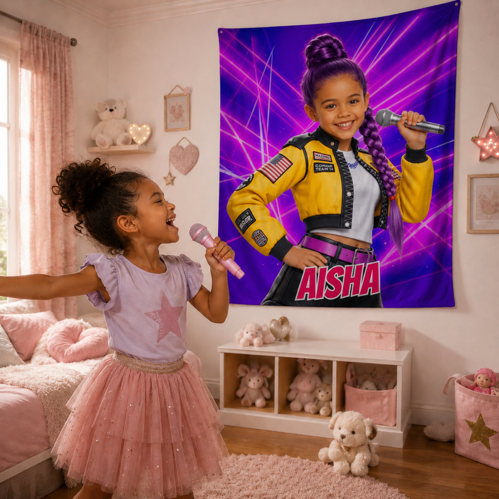 Personalized KPop Demon Hunter Star Girl Blanket with Child’s Face & Name, Anime Style Girl Gift.
