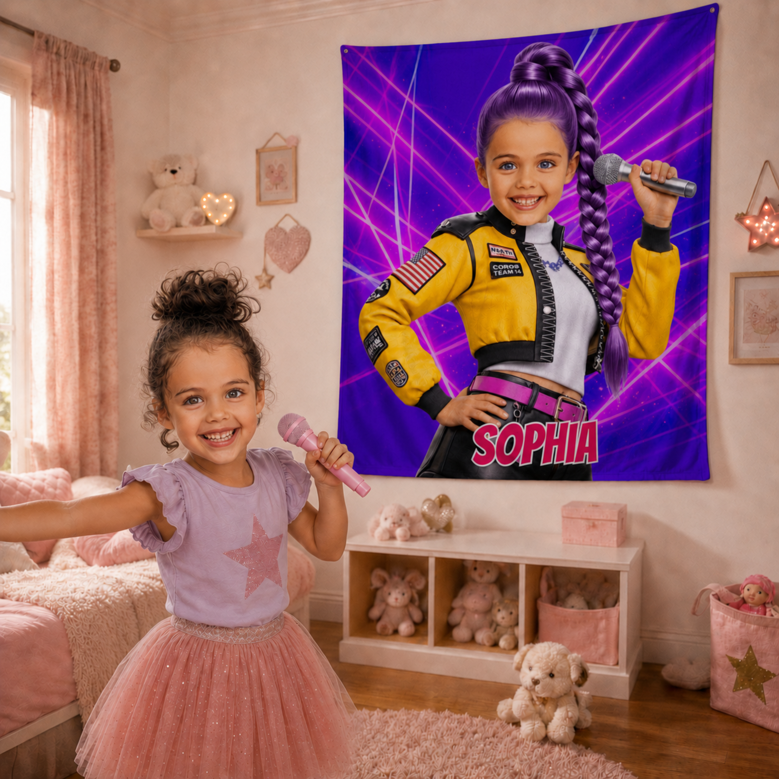 Personalized KPop Demon Hunter Star Girl Blanket with Child’s Face & Name, Anime Style Girl Gift.