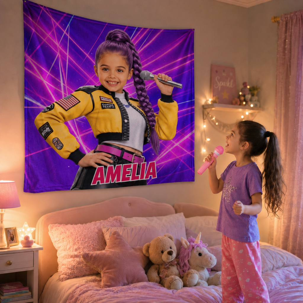 Personalized KPop Demon Hunter Star Girl Blanket with Child’s Face & Name, Anime Style Girl Gift.