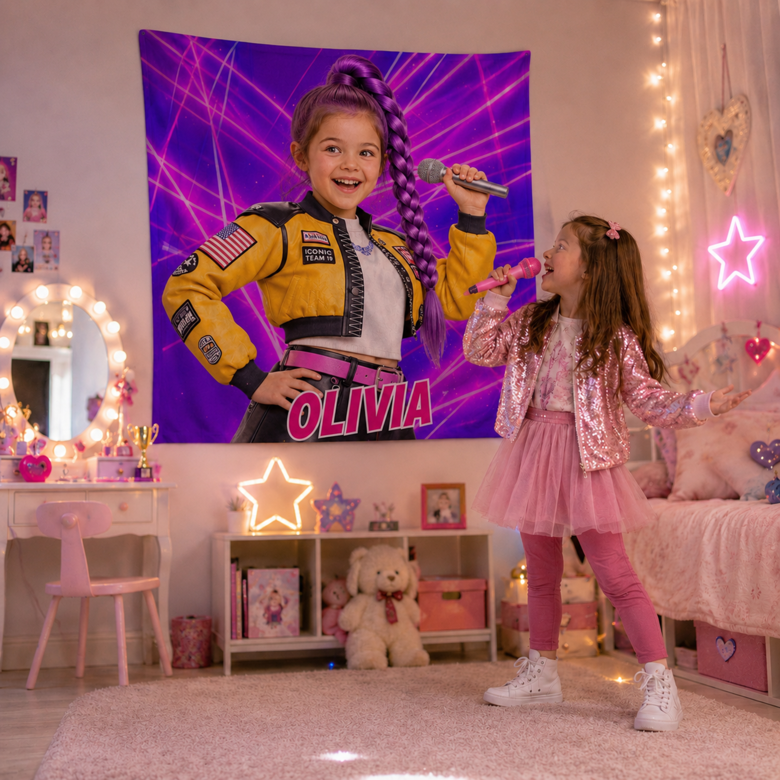 Personalized KPop Demon Hunter Star Girl Blanket with Child’s Face & Name, Anime Style Girl Gift.