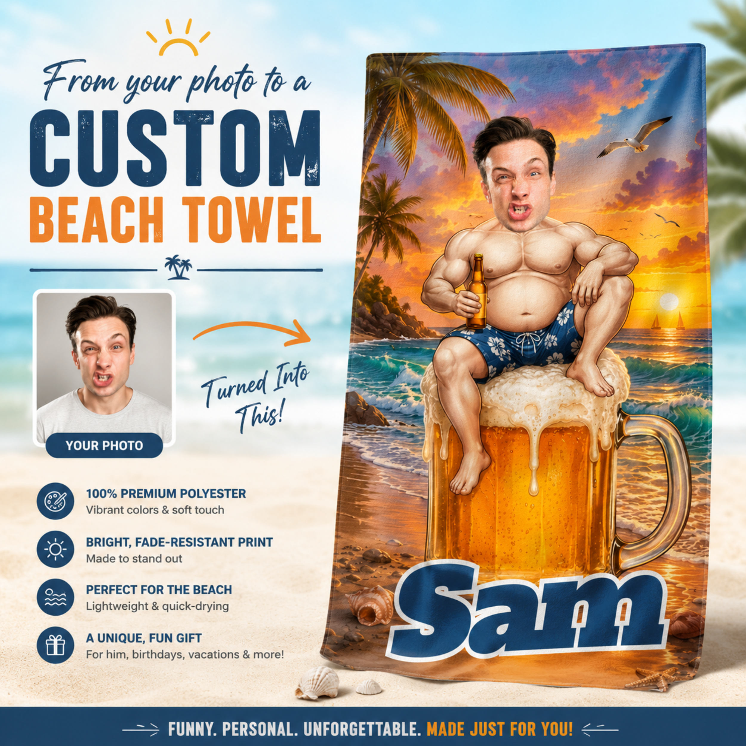 Custom Funny Beach Towel, Personalized Beer Mug Face Towel, Summer Gift for Him