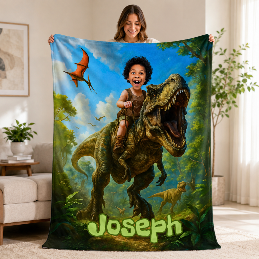 Personalized Dinosaur Blanket – Turn Your Child Into a T-Rex Rider (Custom Photo Gift)