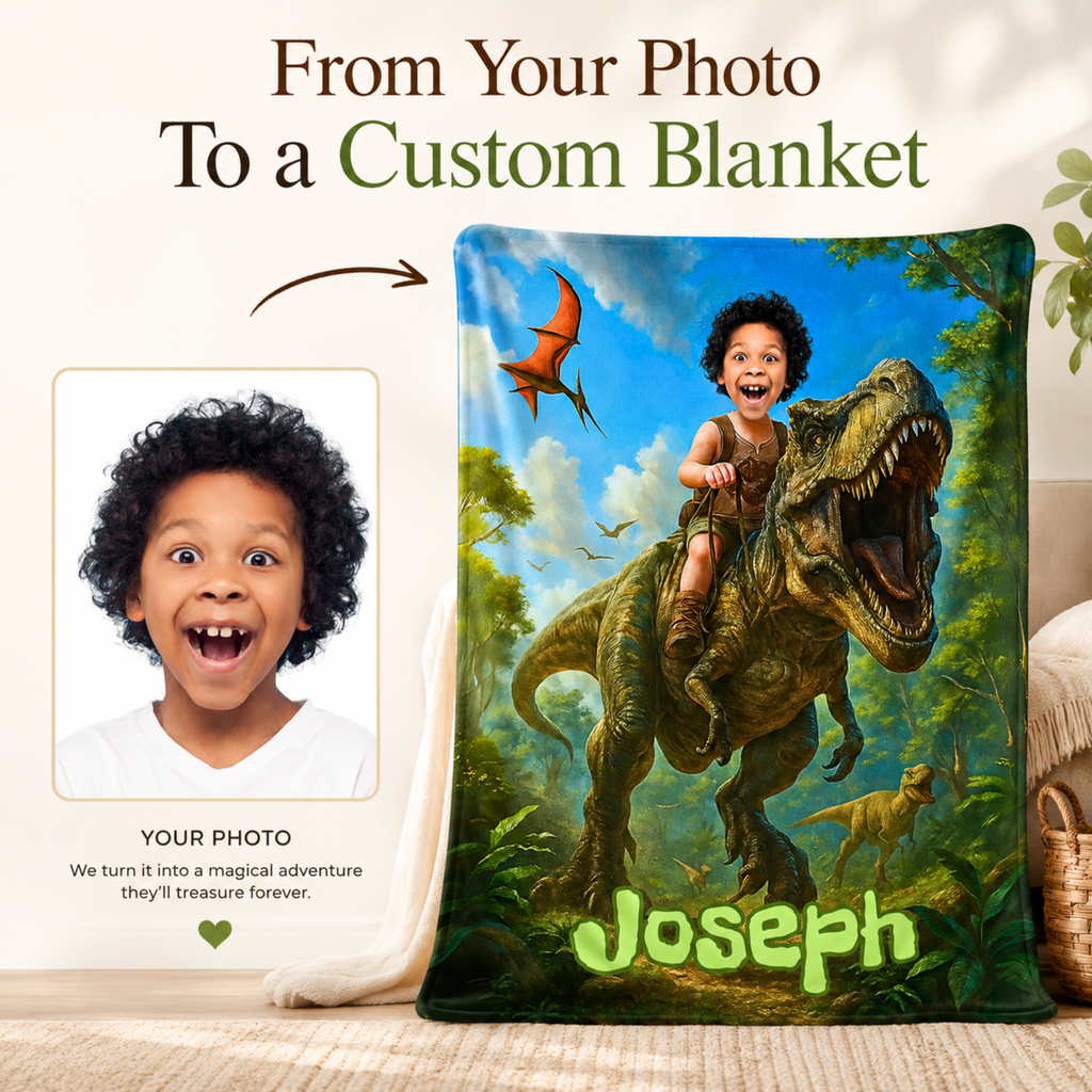 Personalized Dinosaur Blanket – Turn Your Child Into a T-Rex Rider (Custom Photo Gift)