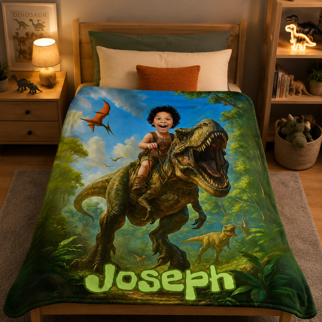Personalized Dinosaur Blanket – Turn Your Child Into a T-Rex Rider (Custom Photo Gift)