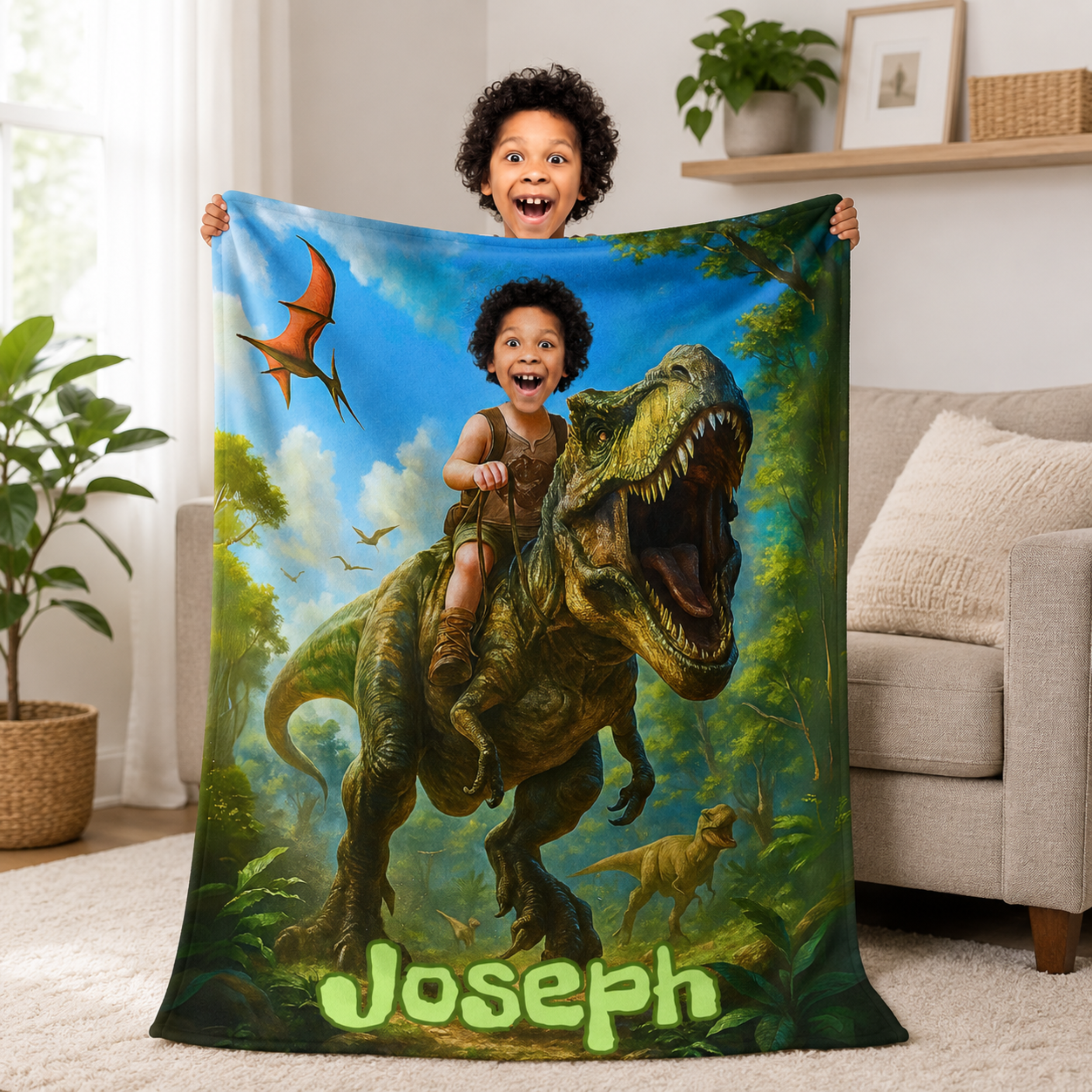 Personalized Dinosaur Blanket – Turn Your Child Into a T-Rex Rider (Custom Photo Gift)