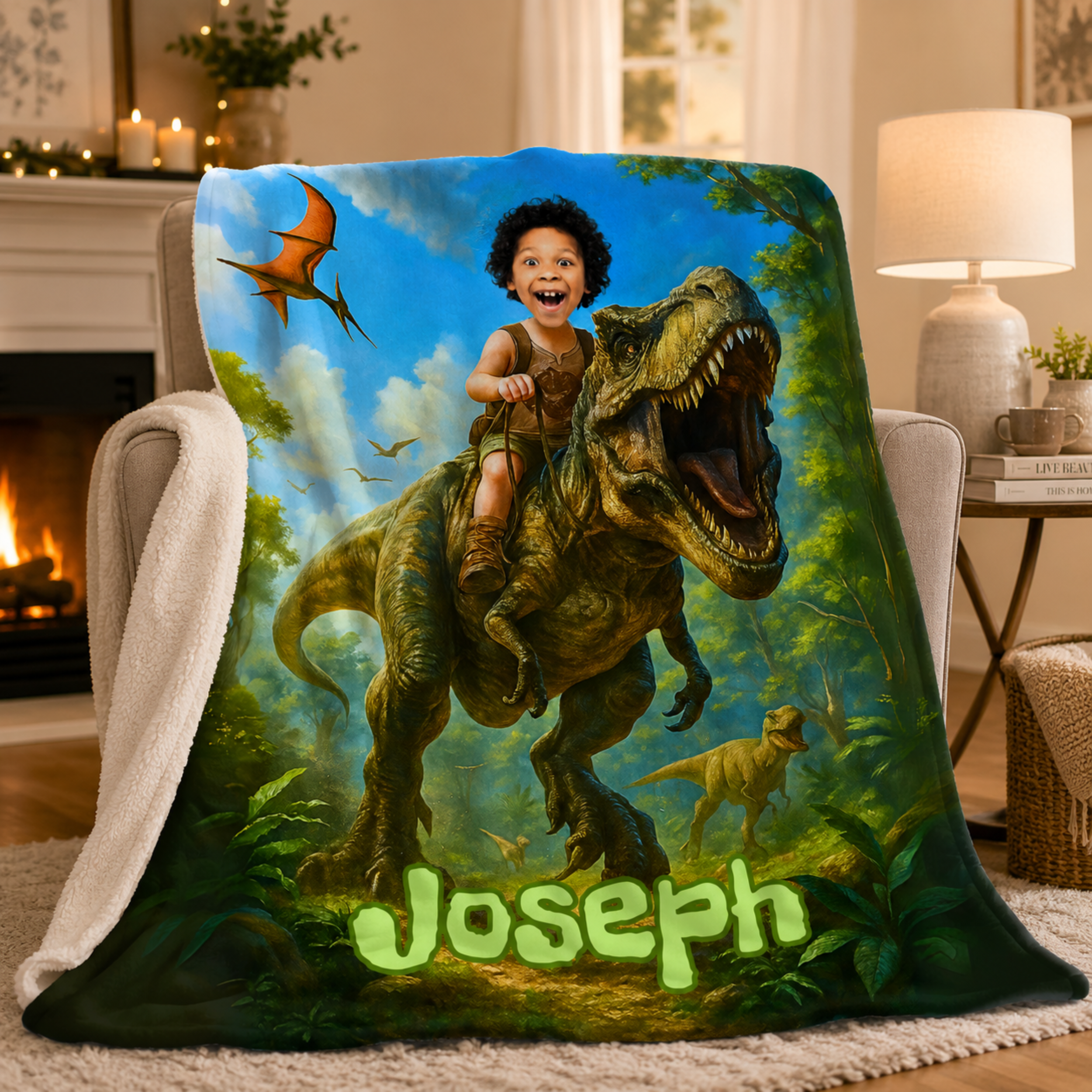Personalized Dinosaur Blanket – Turn Your Child Into a T-Rex Rider (Custom Photo Gift)