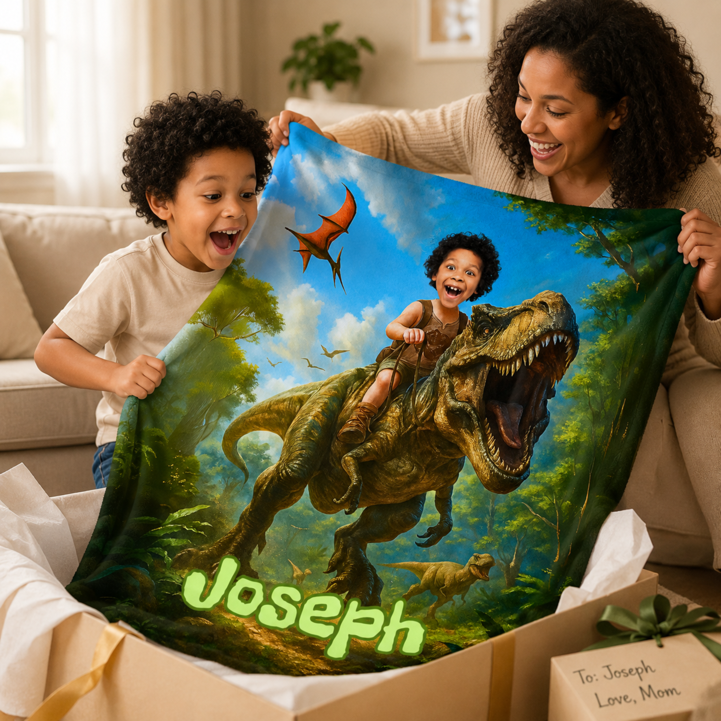 Personalized Dinosaur Blanket – Turn Your Child Into a T-Rex Rider (Custom Photo Gift)