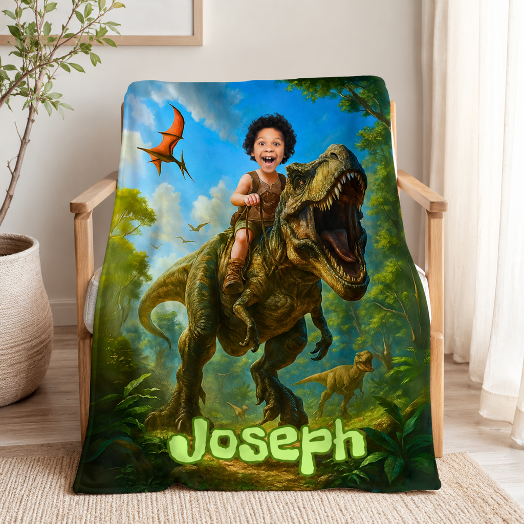 Personalized Dinosaur Blanket – Turn Your Child Into a T-Rex Rider (Custom Photo Gift)
