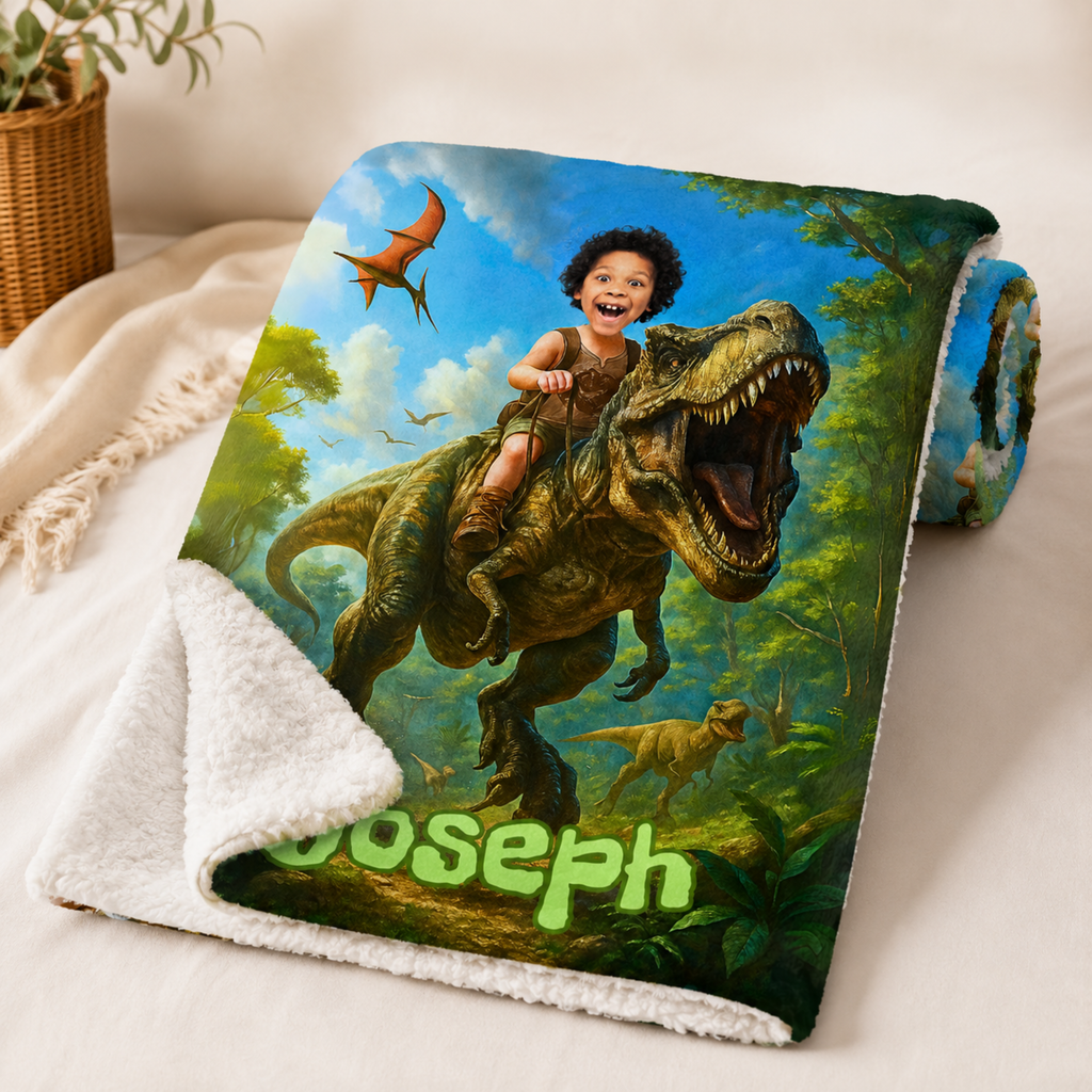 Personalized Dinosaur Blanket – Turn Your Child Into a T-Rex Rider (Custom Photo Gift)