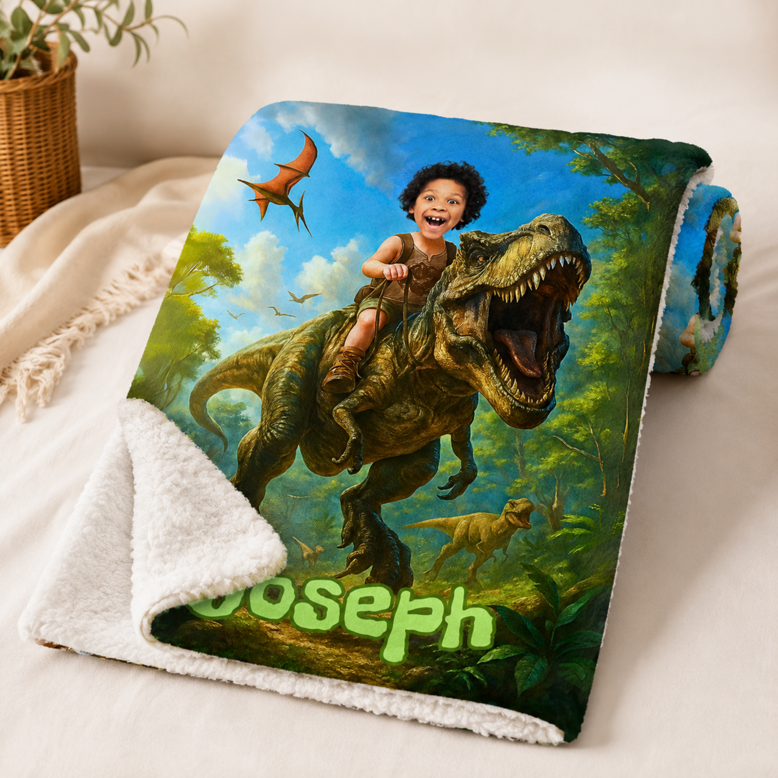 Personalized Dinosaur Blanket – Turn Your Child Into a T-Rex Rider (Custom Photo Gift)