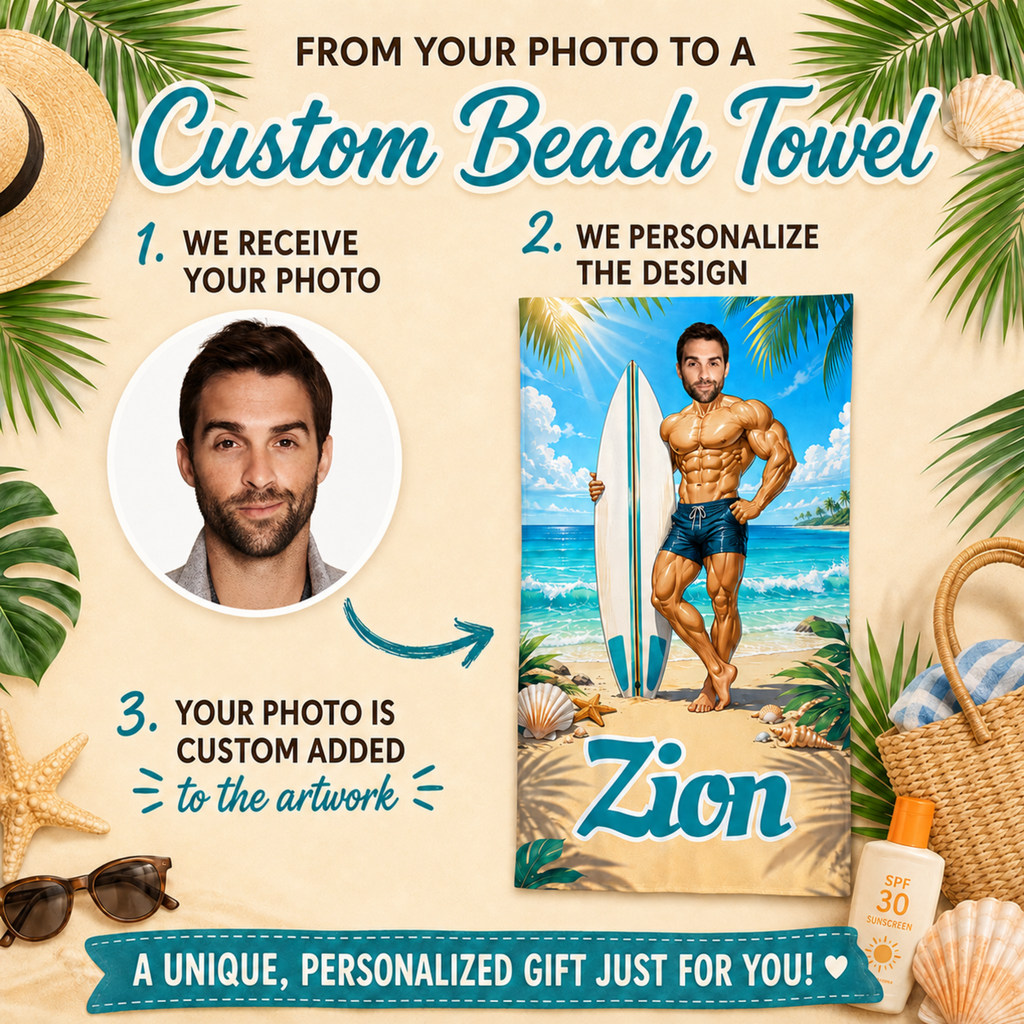 Personalized Surfboard Beach Towel, Custom Face Name Funny Vacation Gift.