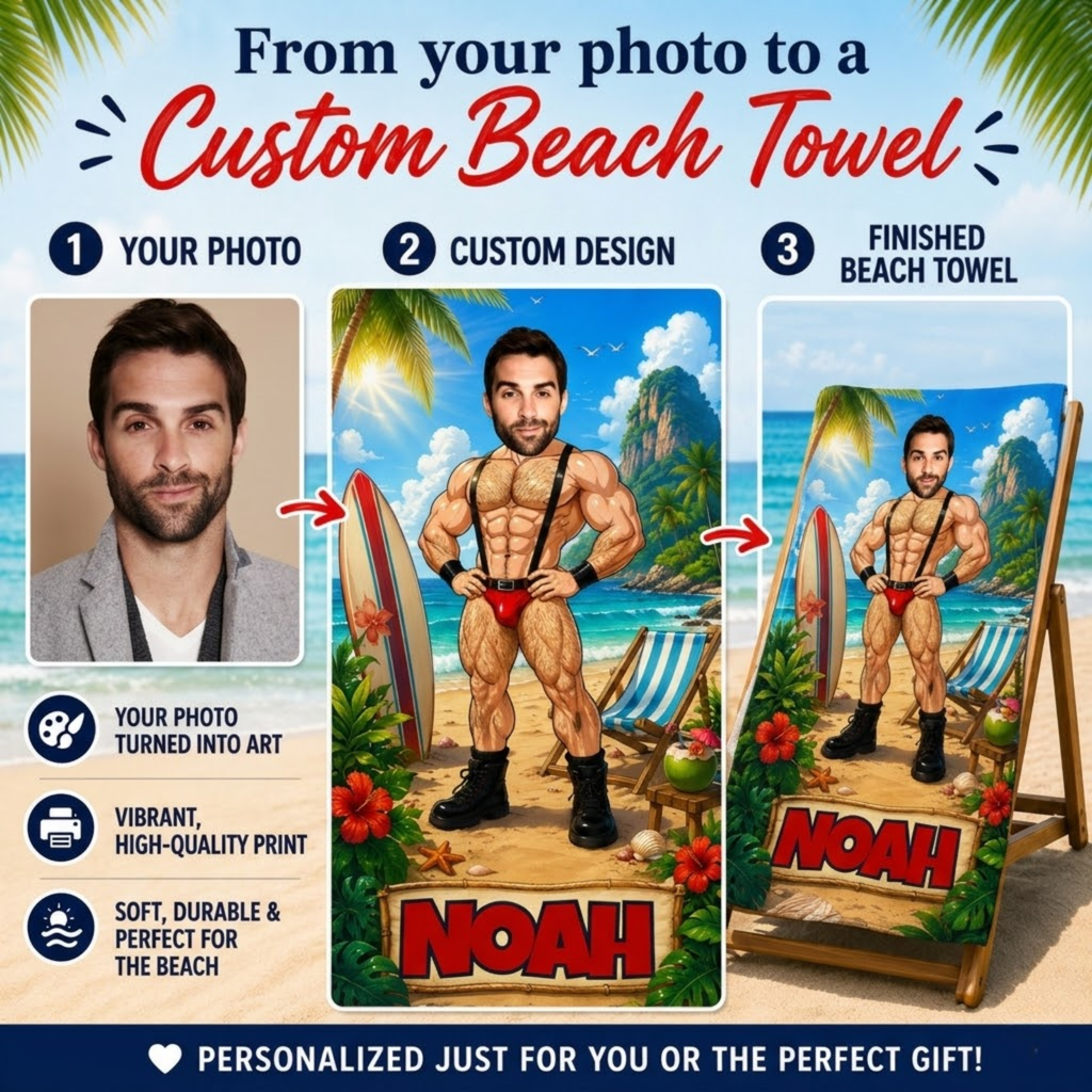 Personalized Muscle Beach Towel, Custom Face Name Funny Vacation Gift.