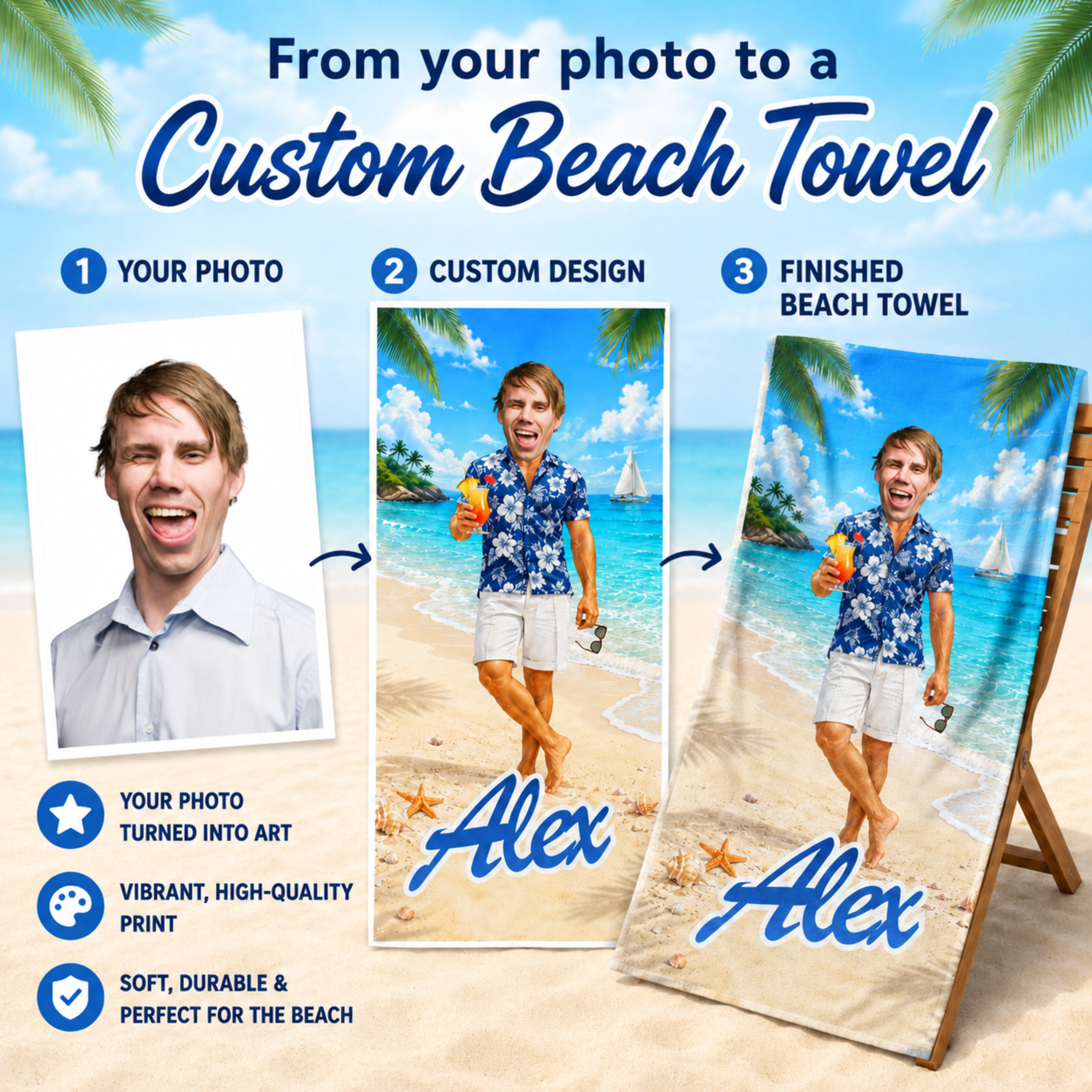 Personalized Hawaiian Beach Towel, Custom Face Name Funny Vacation Gift.