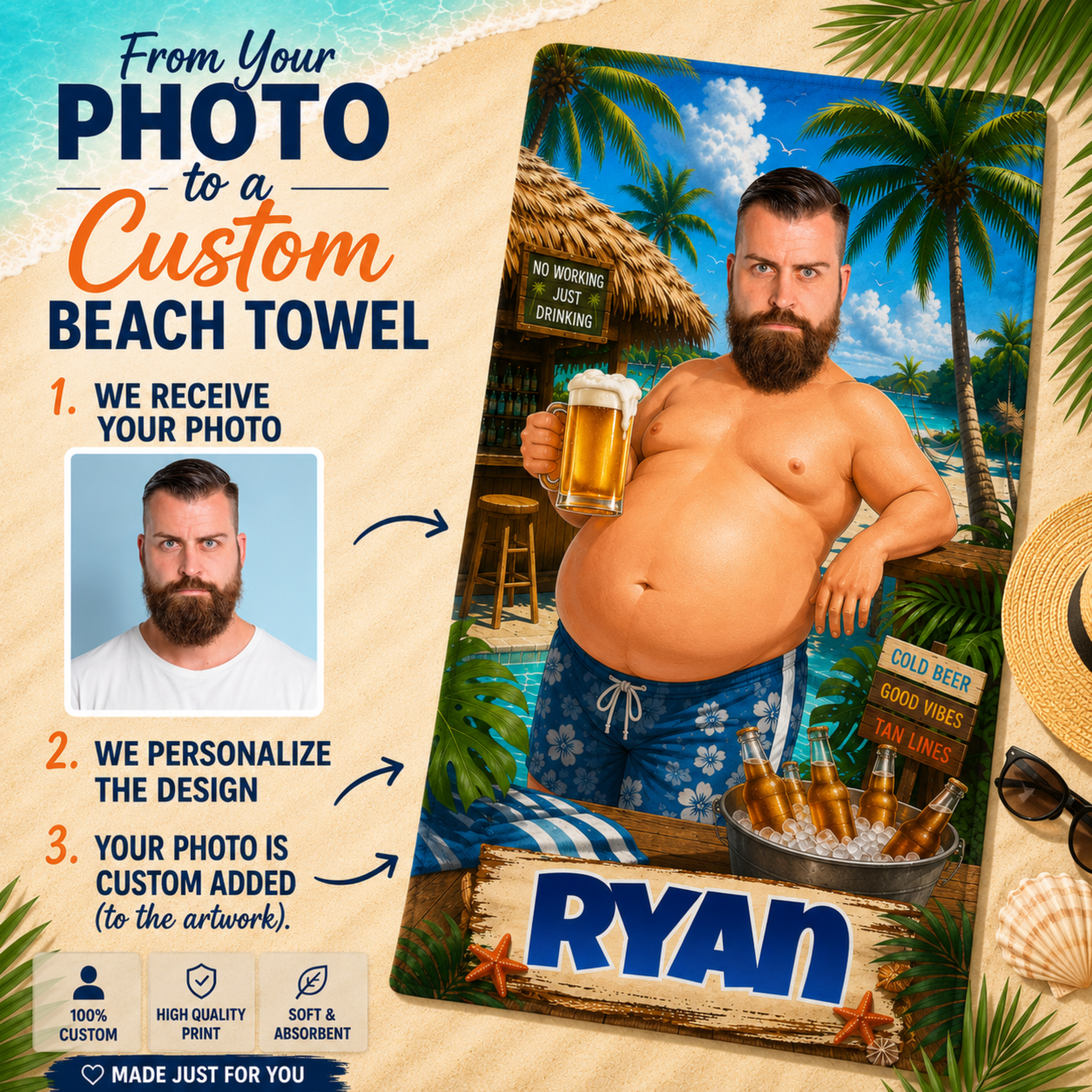 Personalized Poolside Beer Towel, Custom Face Name Funny Tropical Vacation Gift.