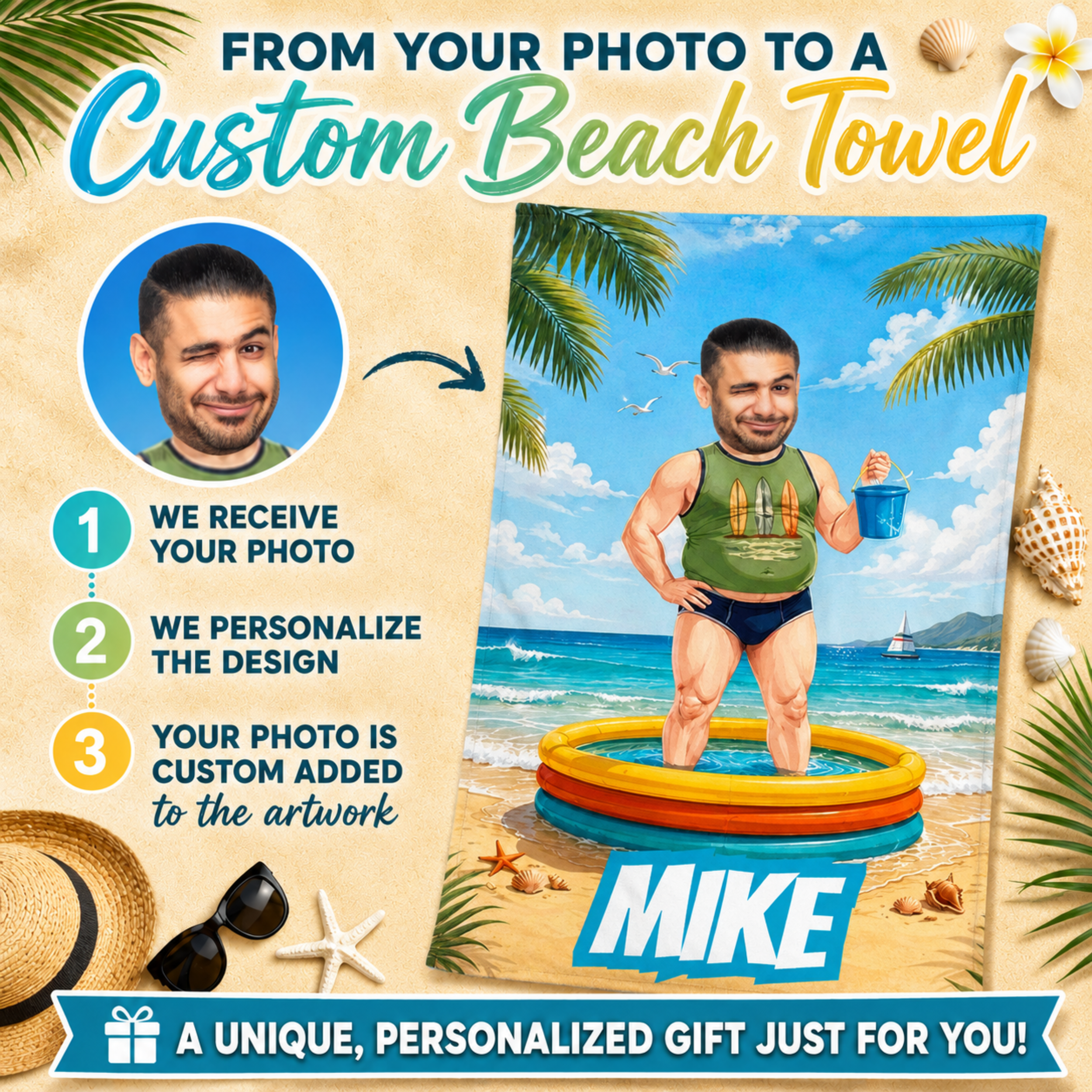 Custom Funny Beach Towel, Personalized Pool Float Face Towel, Summer Gift for Him