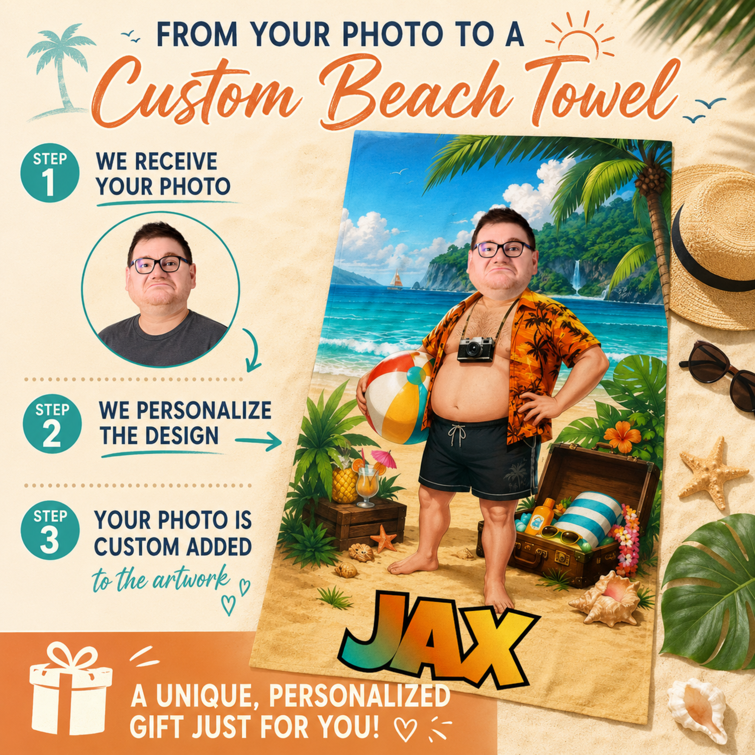 Personalized Tourist Beach Towel, Custom Face Name Funny Vacation Gift
