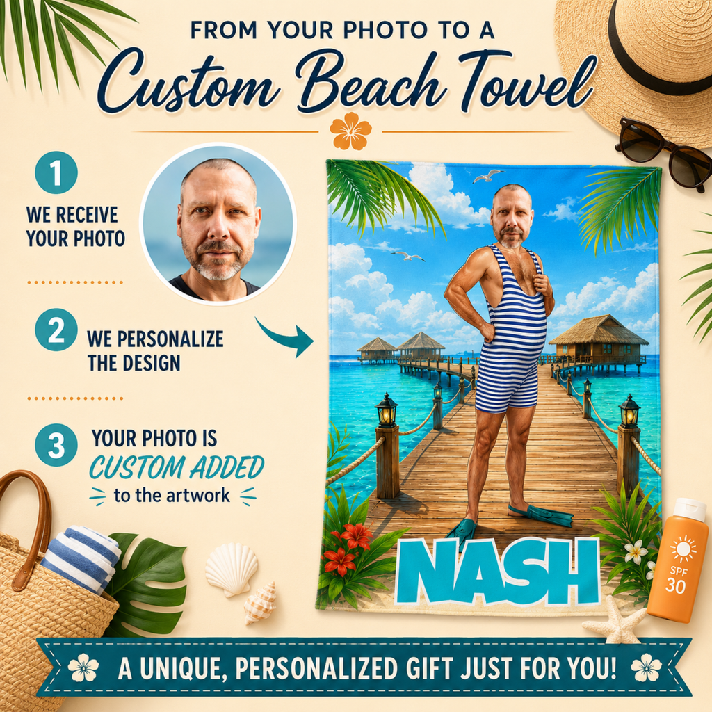 Personalized Striped Swimsuit Beach Towel, Custom Face Name Funny Vacation Gift