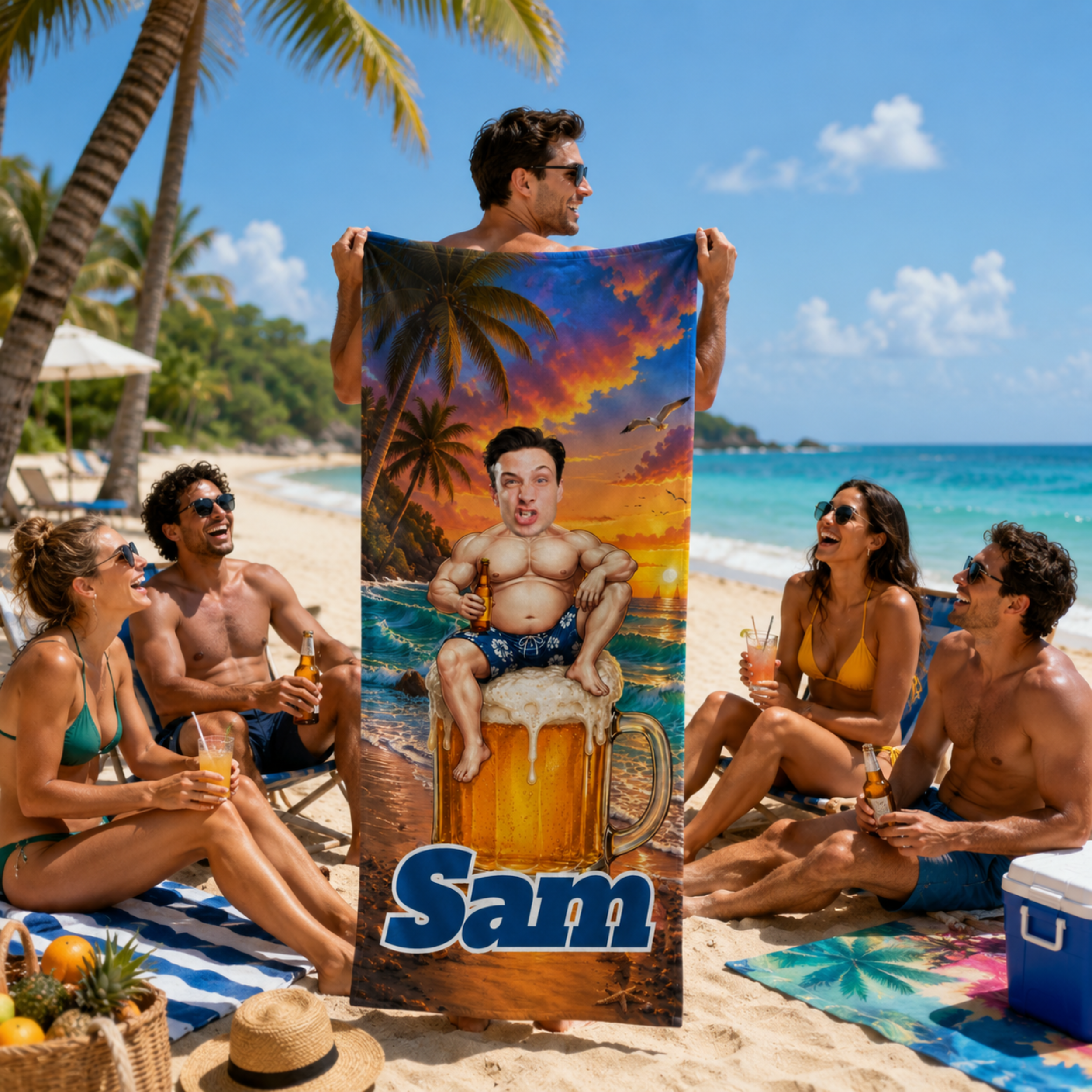 Custom Funny Beach Towel, Personalized Beer Mug Face Towel, Summer Gift for Him