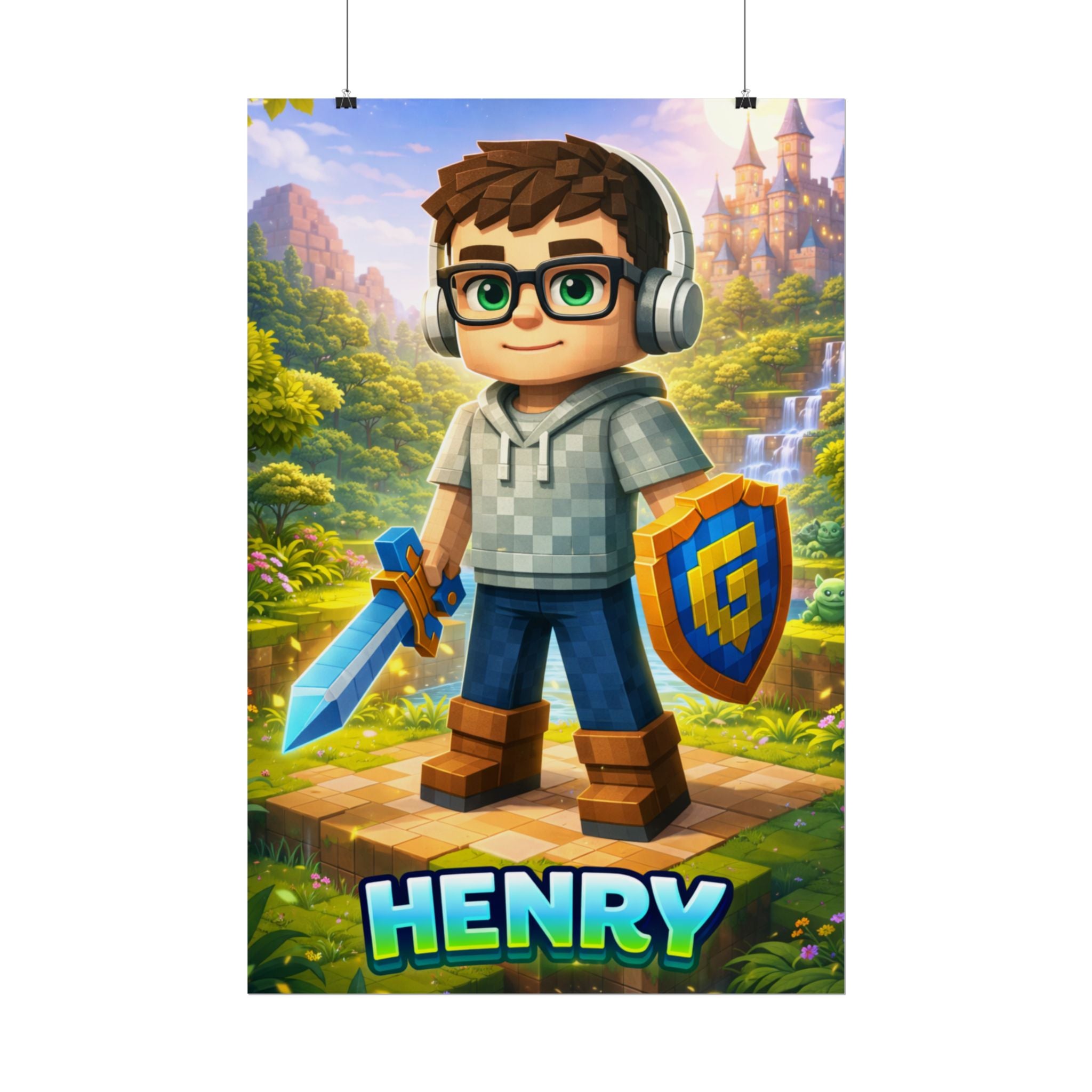 Personalized Pixel Gamer Poster, Custom Child Face Wall Art, Block Style Kids Room Decor, Birthday Gift for Gamer Boy.