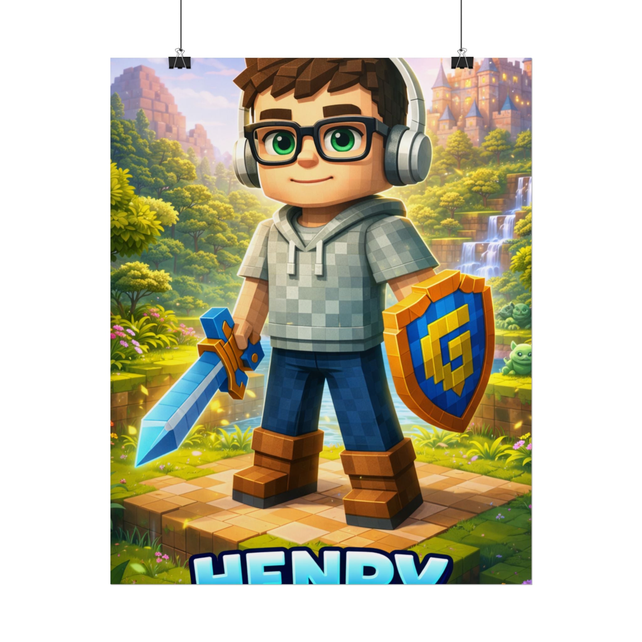 Personalized Pixel Gamer Poster, Custom Child Face Wall Art, Block Style Kids Room Decor, Birthday Gift for Gamer Boy.