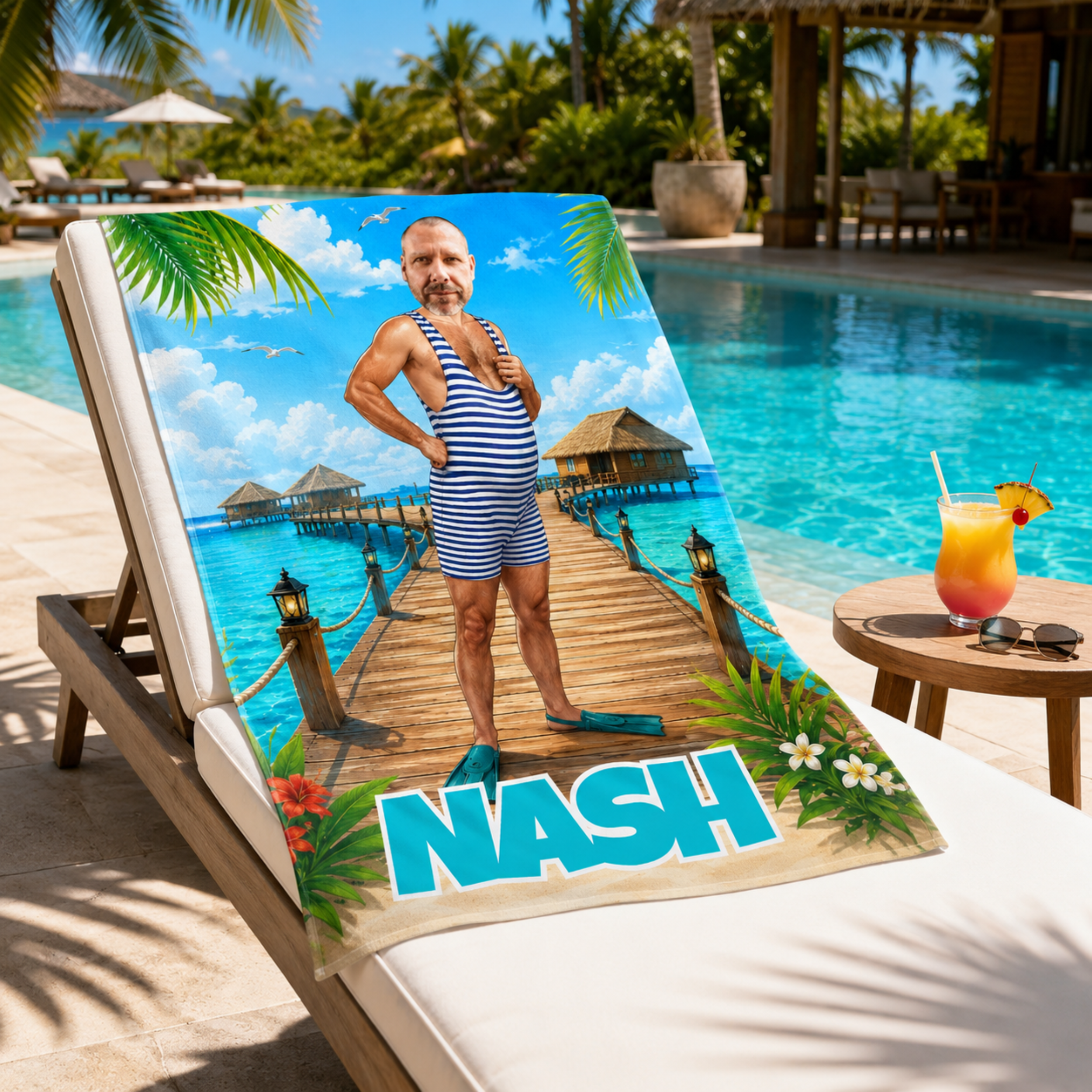 Personalized Striped Swimsuit Beach Towel, Custom Face Name Funny Vacation Gift
