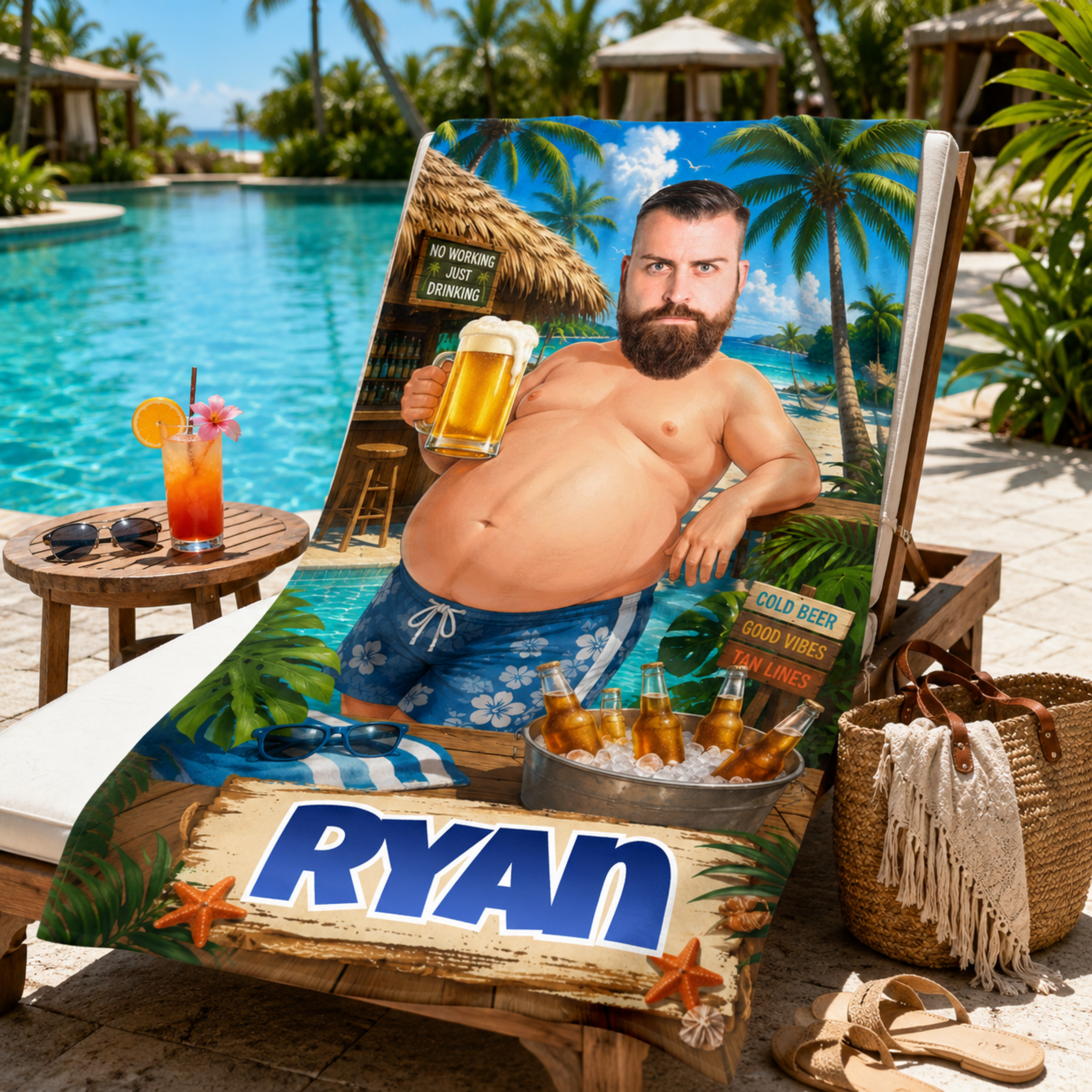 Personalized Poolside Beer Towel, Custom Face Name Funny Tropical Vacation Gift.