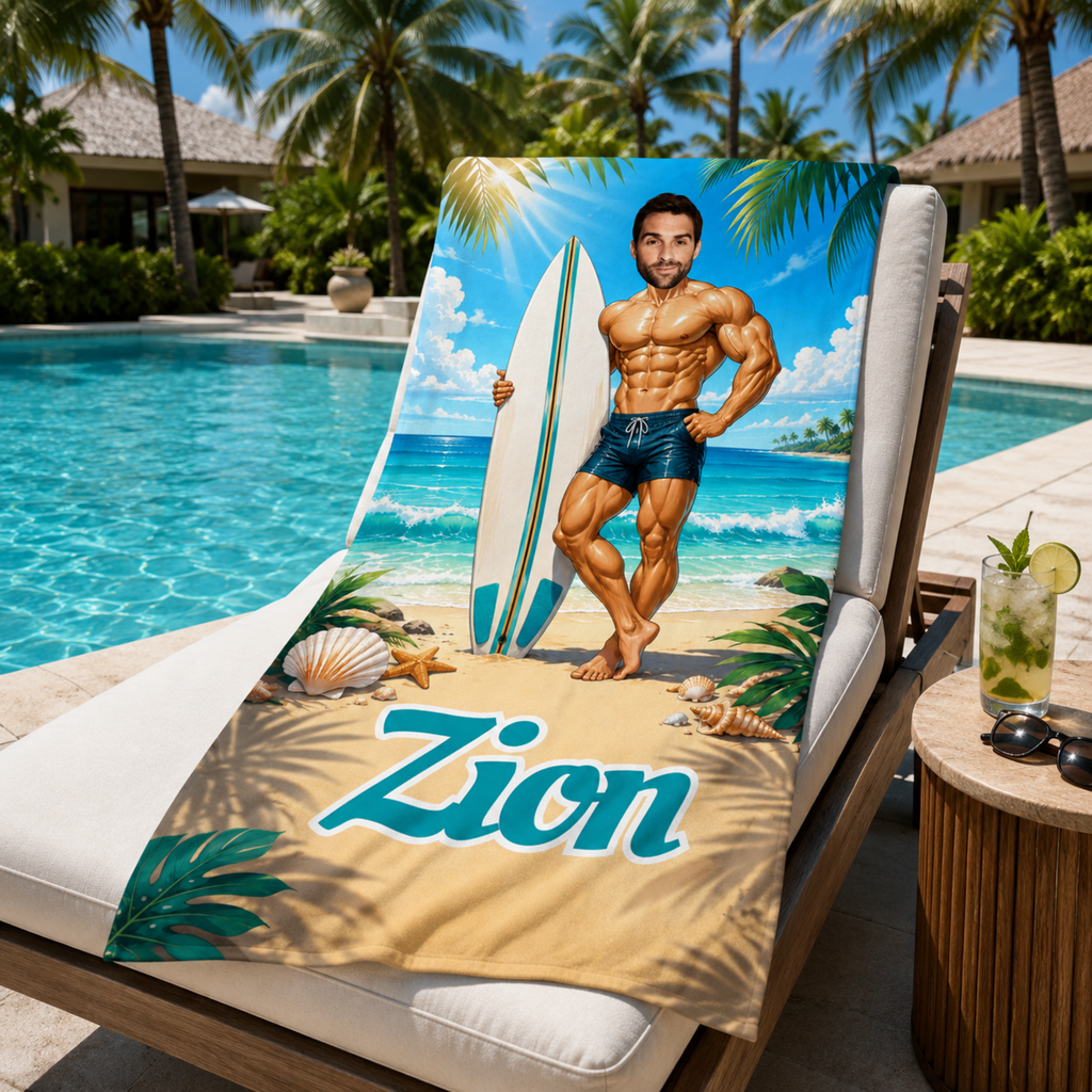 Personalized Surfboard Beach Towel, Custom Face Name Funny Vacation Gift.