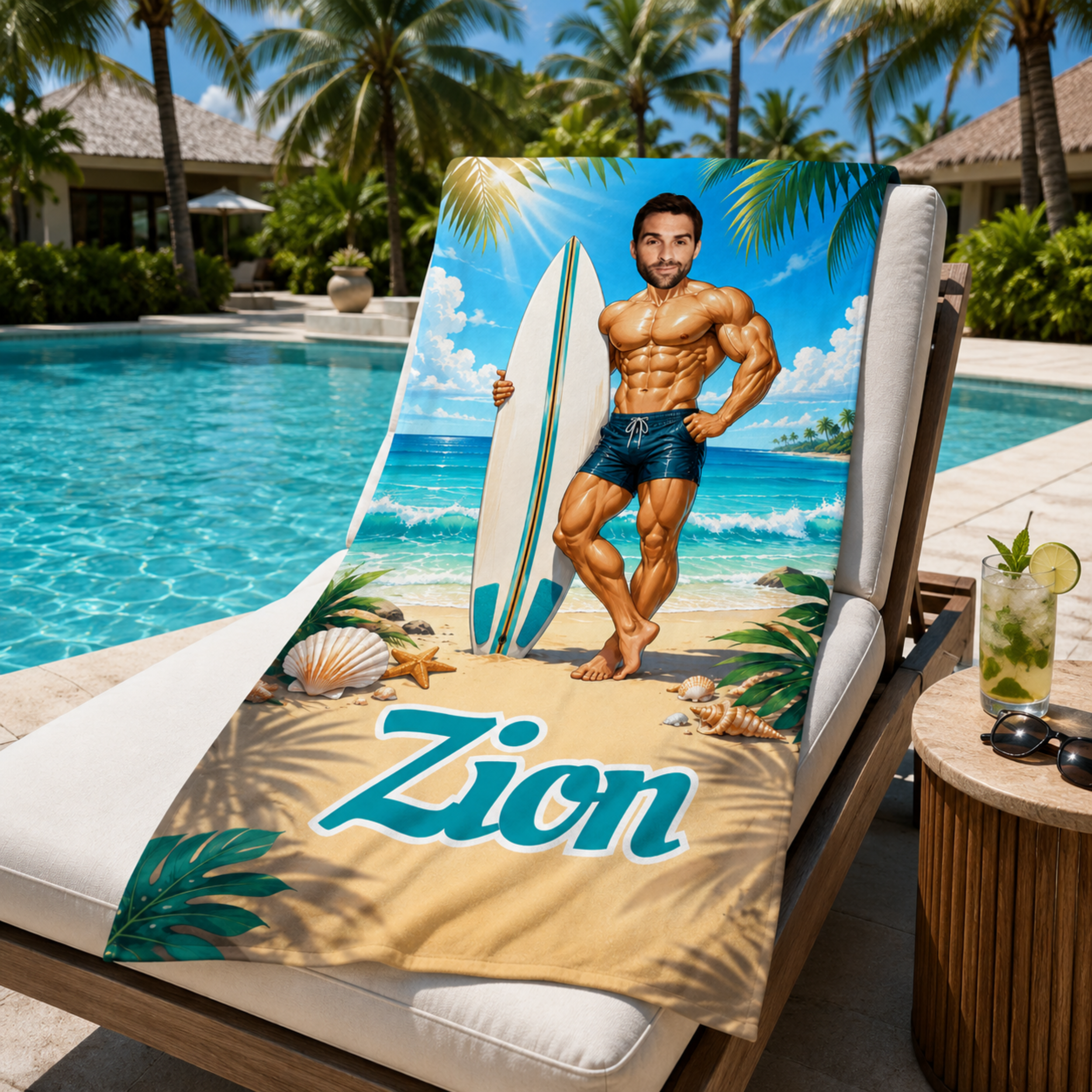 Personalized Surfboard Beach Towel, Custom Face Name Funny Vacation Gift.