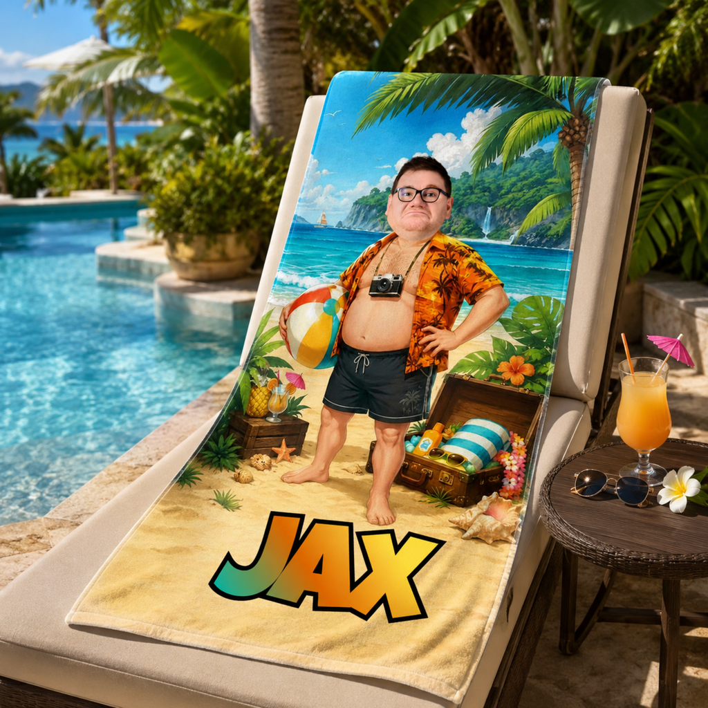 Personalized Tourist Beach Towel, Custom Face Name Funny Vacation Gift