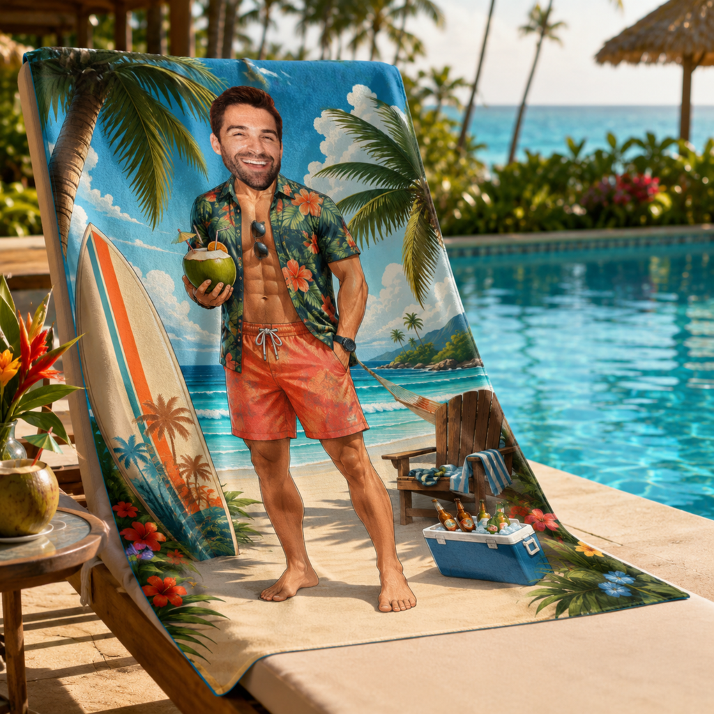 Personalized Hawaiian Surf Beach Towel, Custom Face Name Tropical Vacation Gift.
