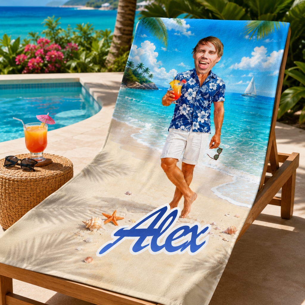 Personalized Hawaiian Beach Towel, Custom Face Name Funny Vacation Gift.