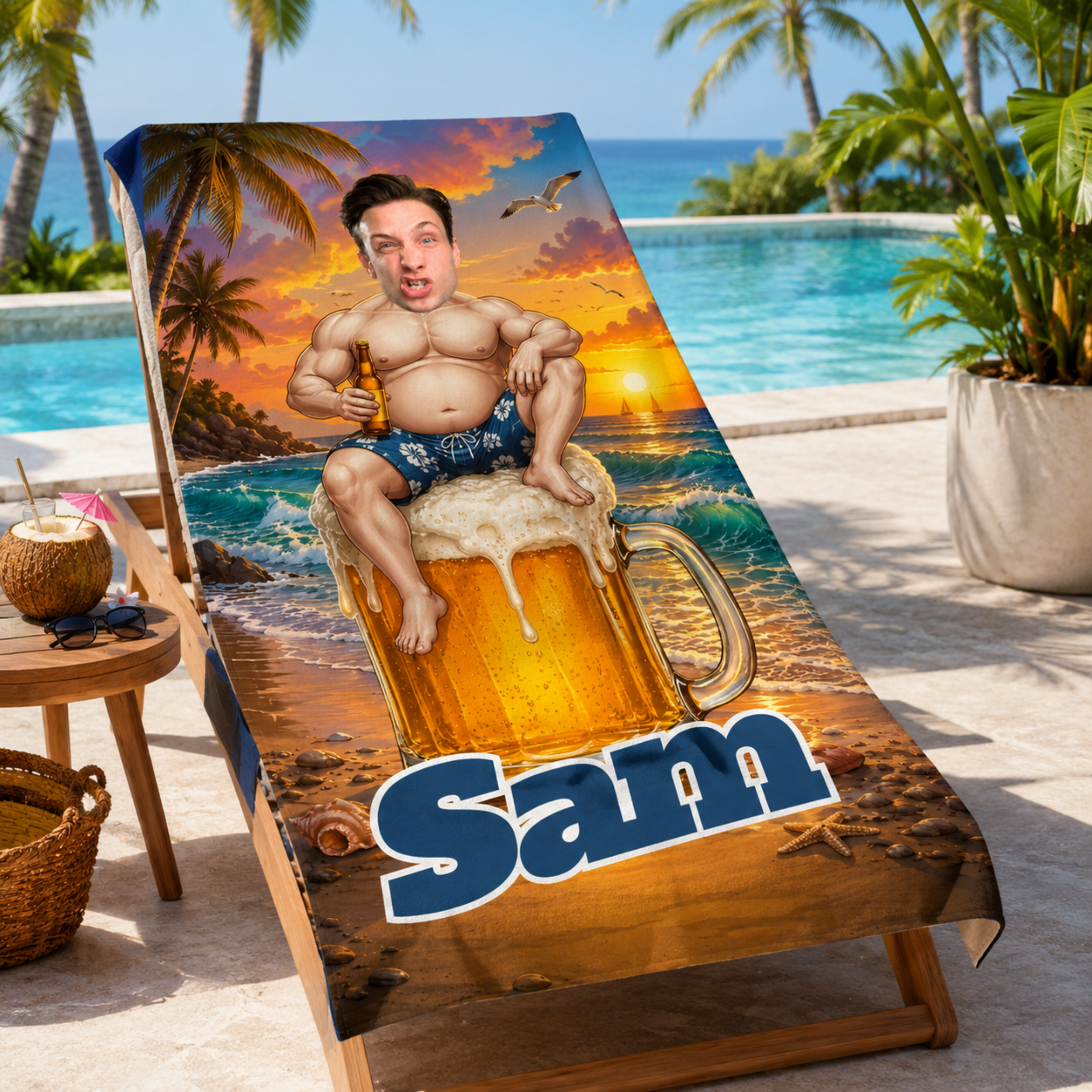 Custom Funny Beach Towel, Personalized Beer Mug Face Towel, Summer Gift for Him