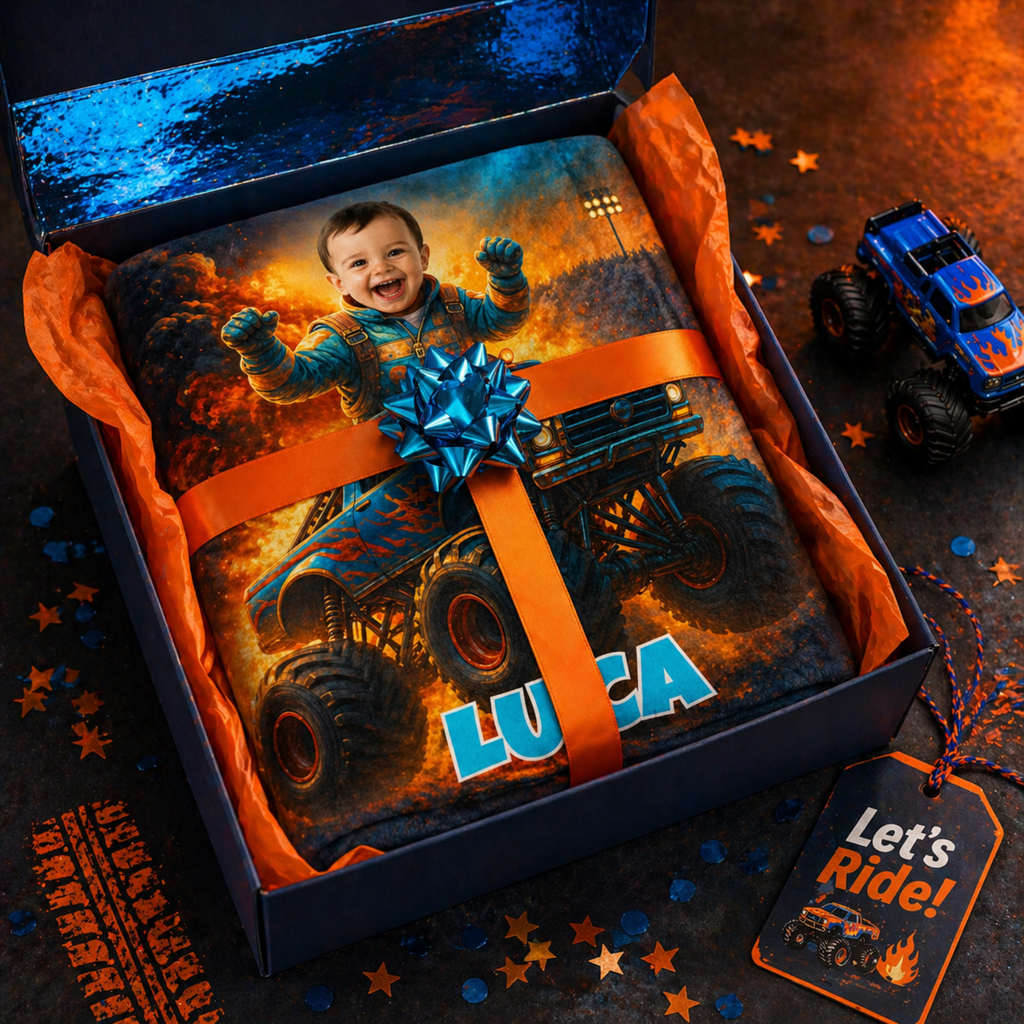 Personalized Monster Truck Blanket for Kids – Custom Photo & Name, Boys Gift, Birthday Gift, Truck Lover Blanket